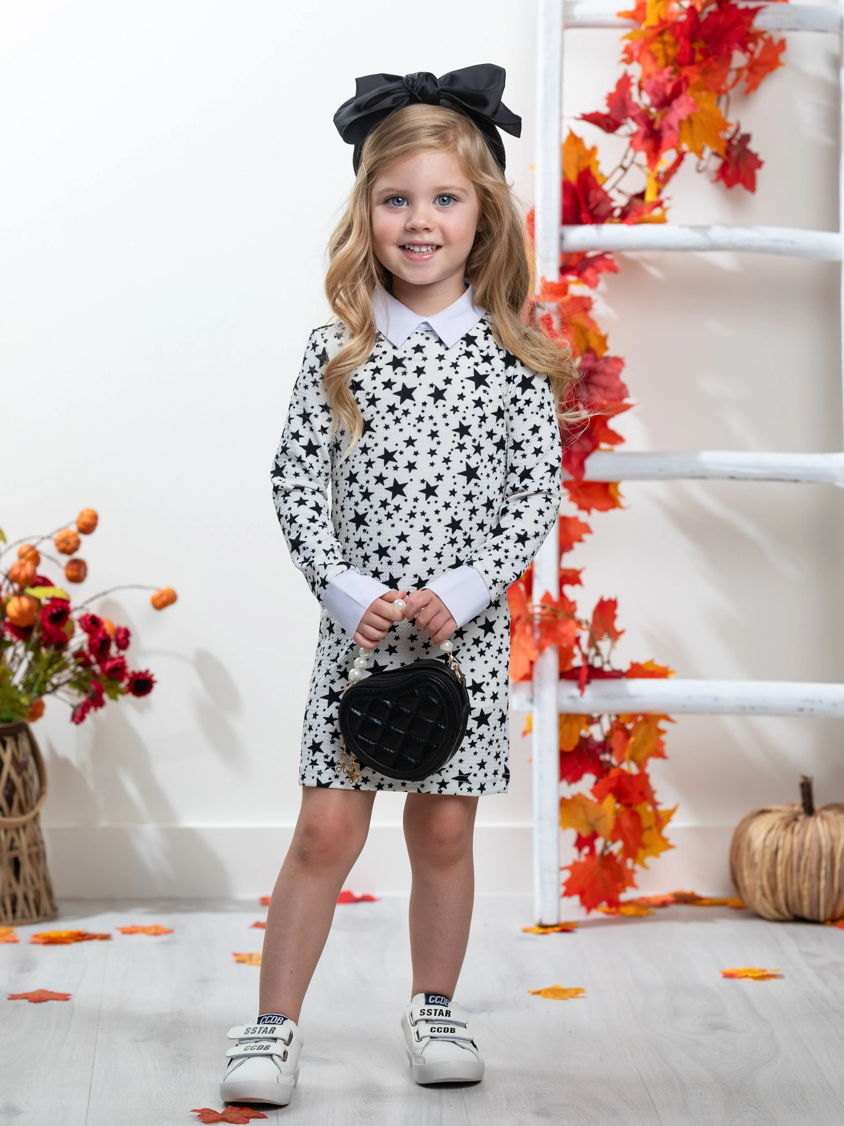 White Stellar Star Collared Dress by Kids Couture - Image 2