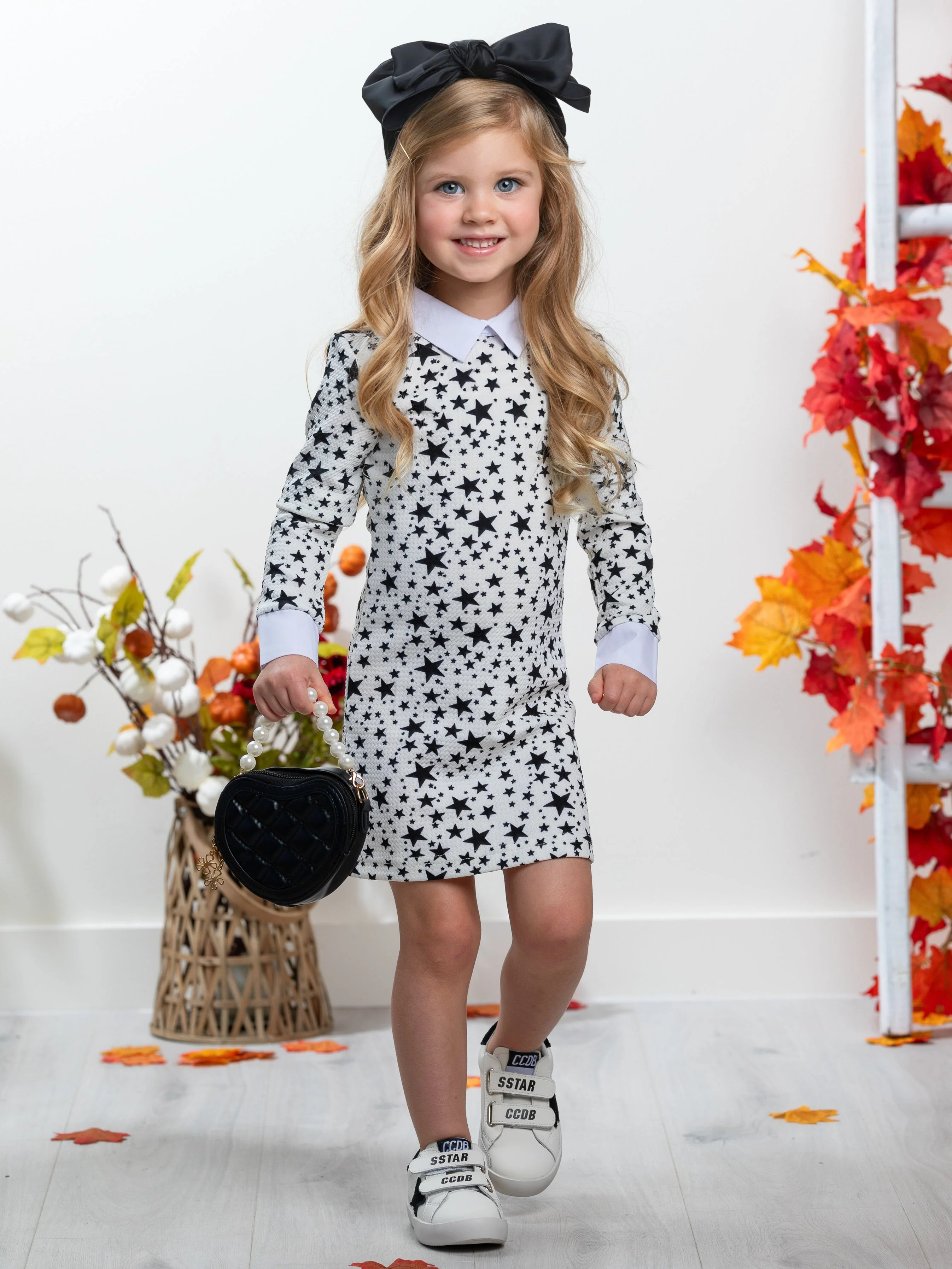 White Stellar Star Collared Dress by Kids Couture - Image 3