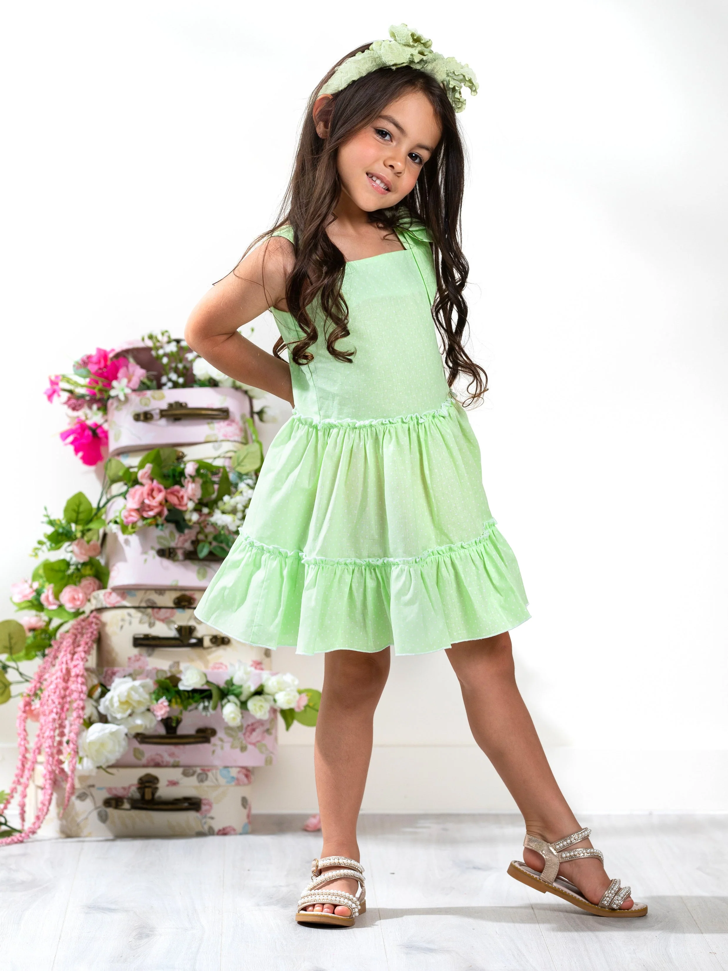 Green Glam Polka Dot Smocked Dress by Kids Couture - Image 2