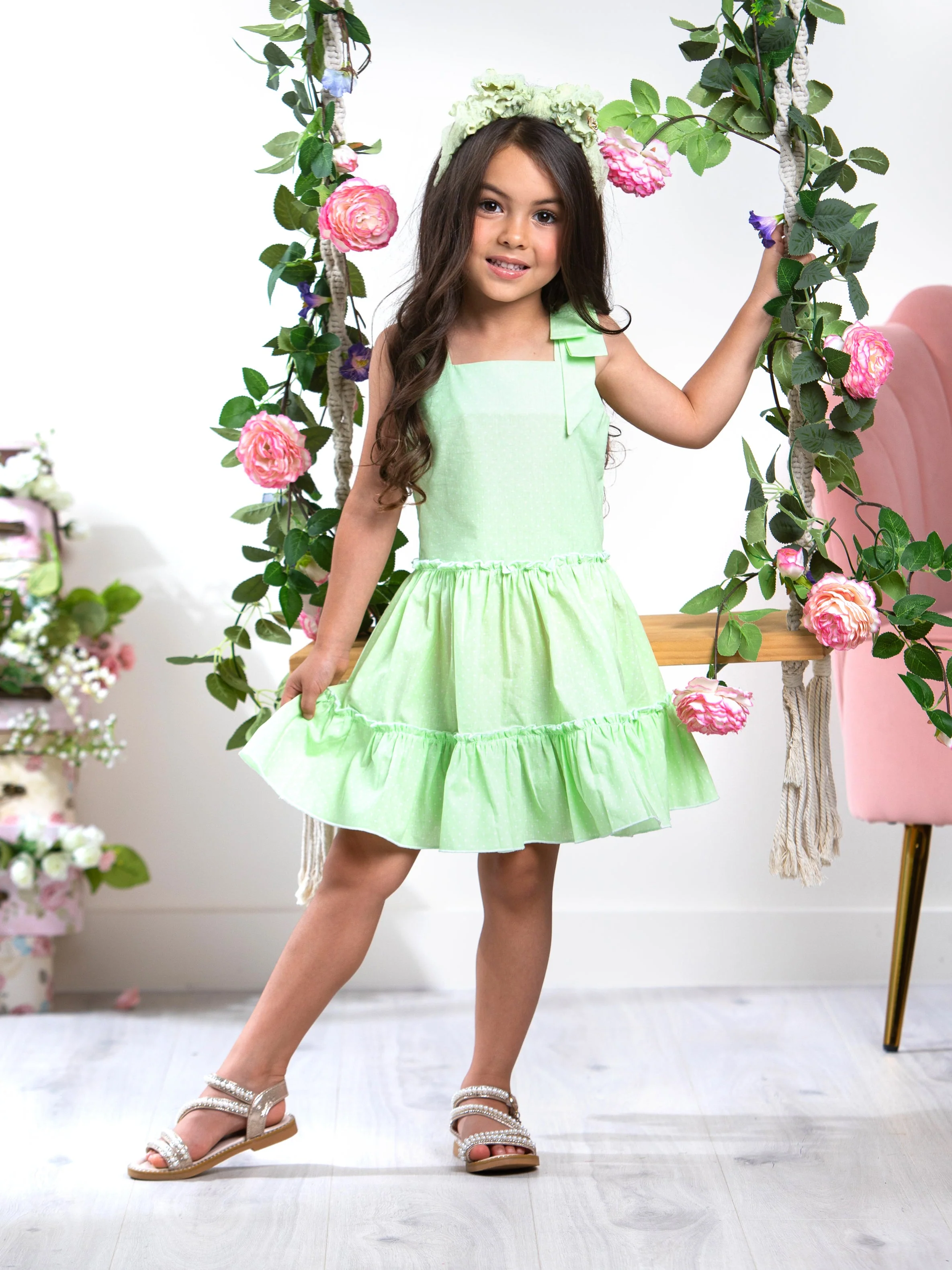 Green Glam Polka Dot Smocked Dress by Kids Couture - Image 4