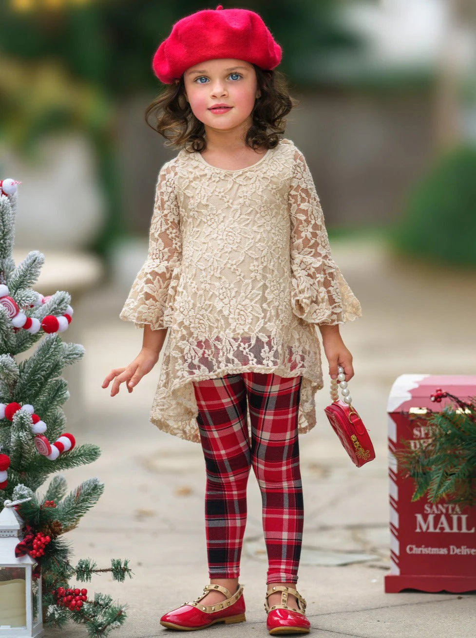 Autumn Glow Lace Tunic Top and Checkered Legging Set - Image 3