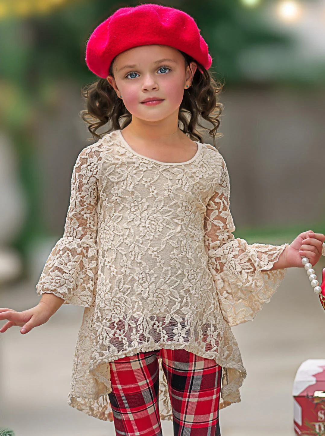 Autumn Glow Lace Tunic Top and Checkered Legging Set - Image 4