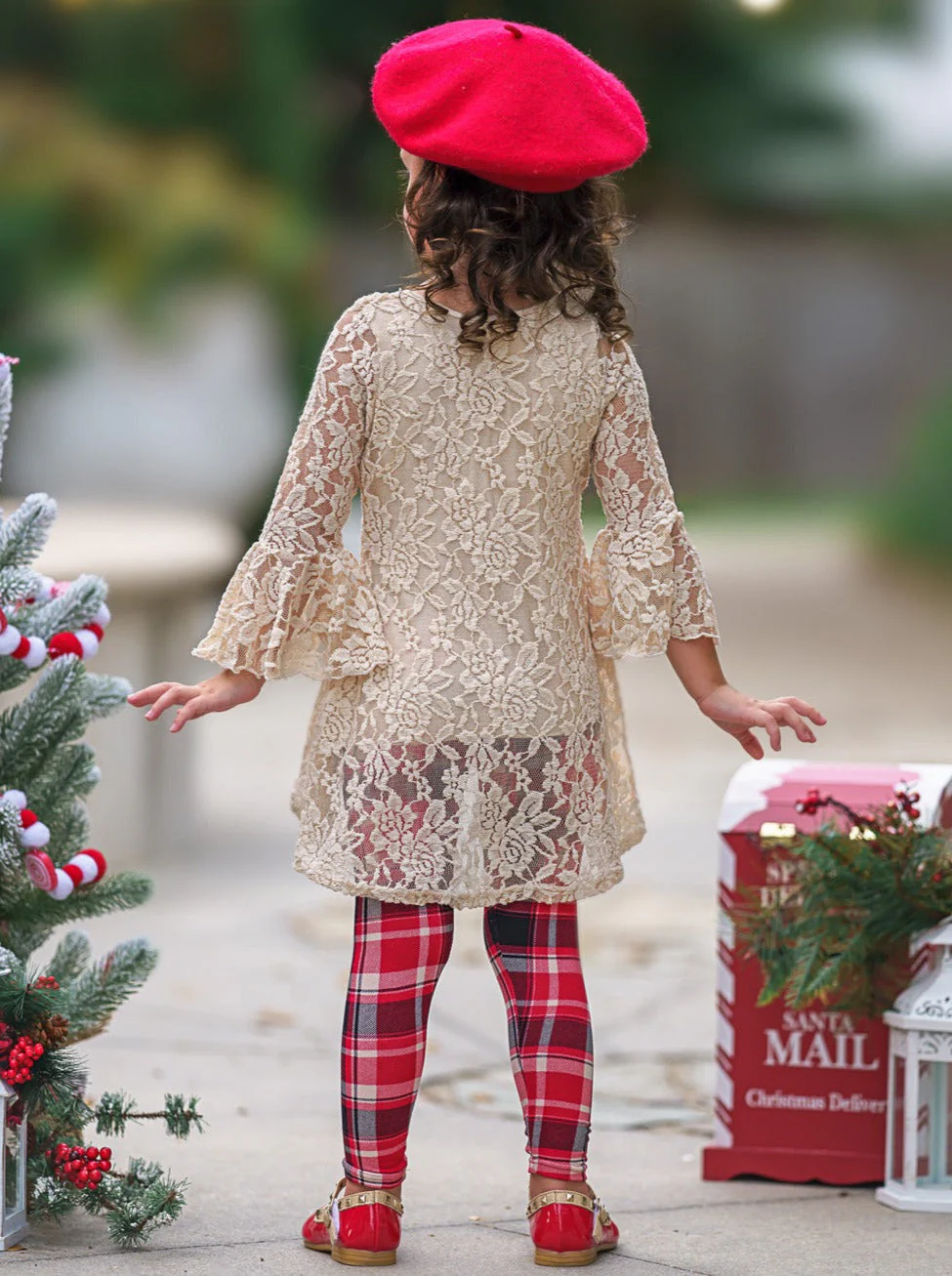 Autumn Glow Lace Tunic Top and Checkered Legging Set - Image 5