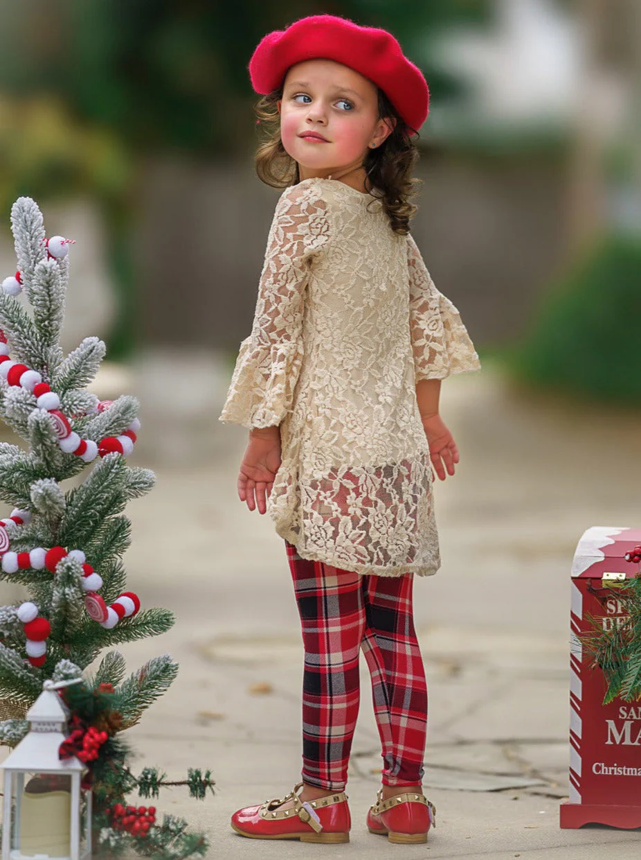 Autumn Glow Lace Tunic Top and Checkered Legging Set - Image 6