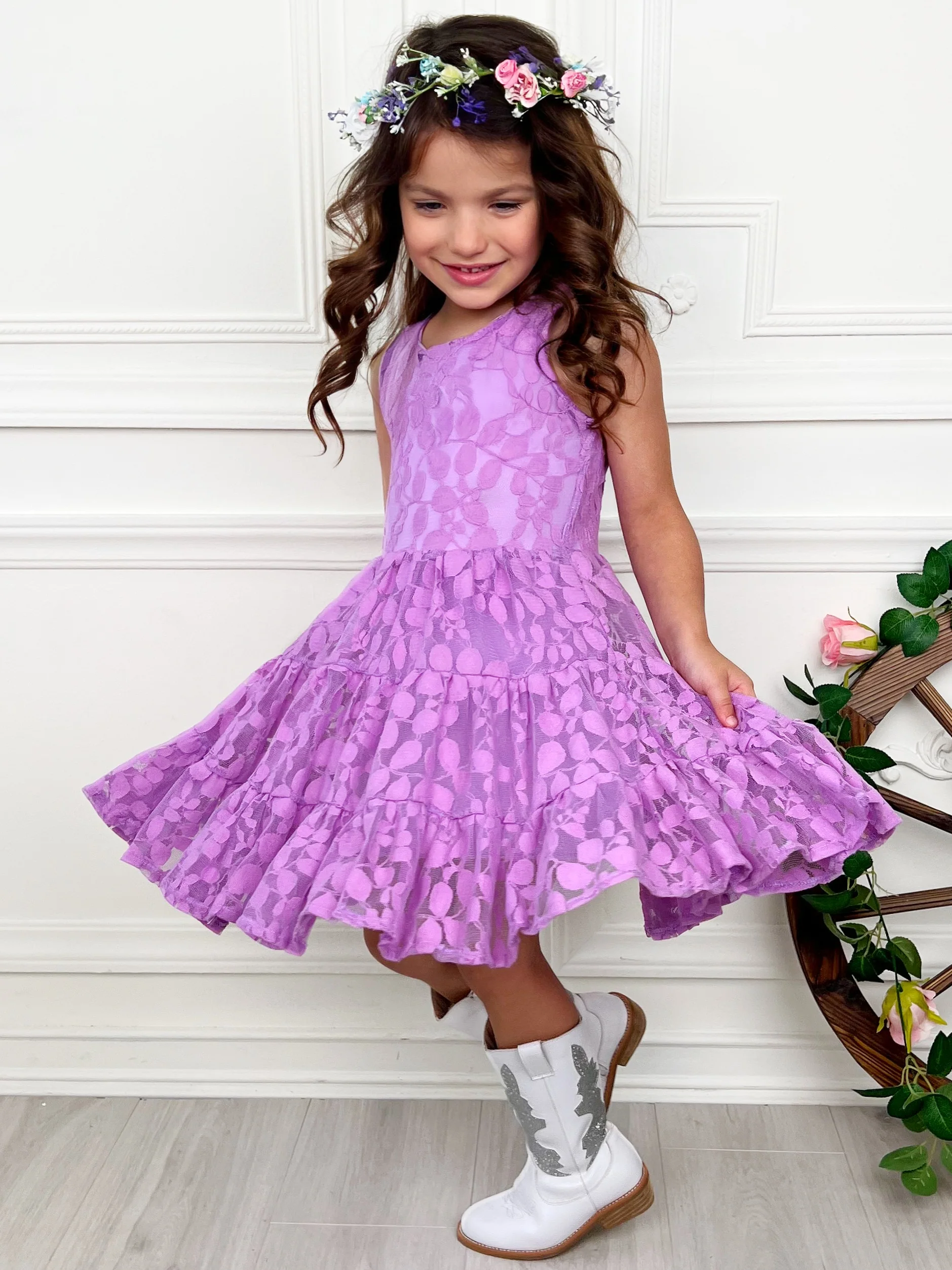 Lavender Floral Lace Tiered Ruffle Dress - Image 2