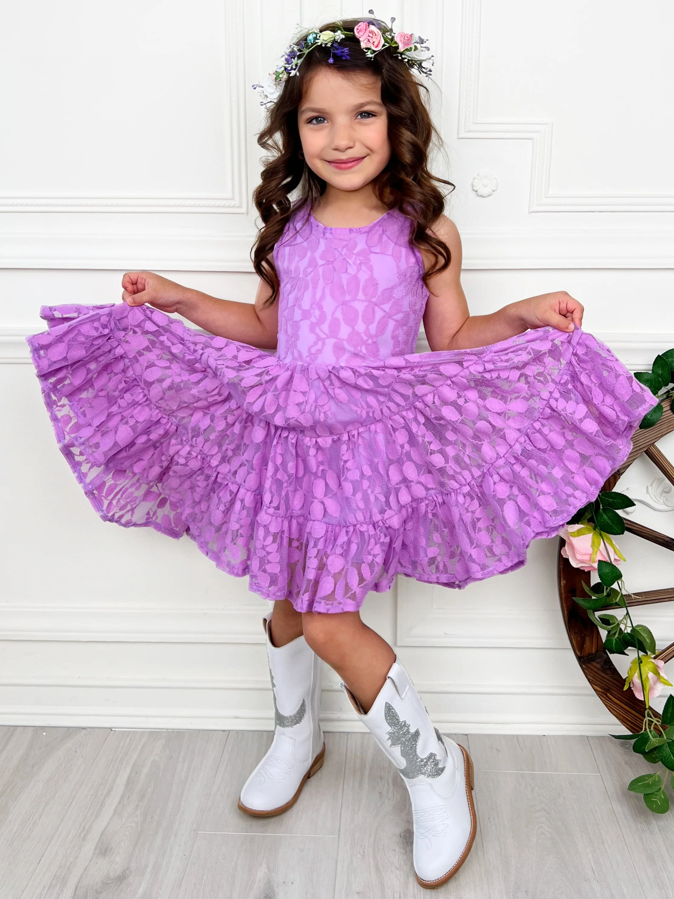 Lavender Floral Lace Tiered Ruffle Dress - Image 6