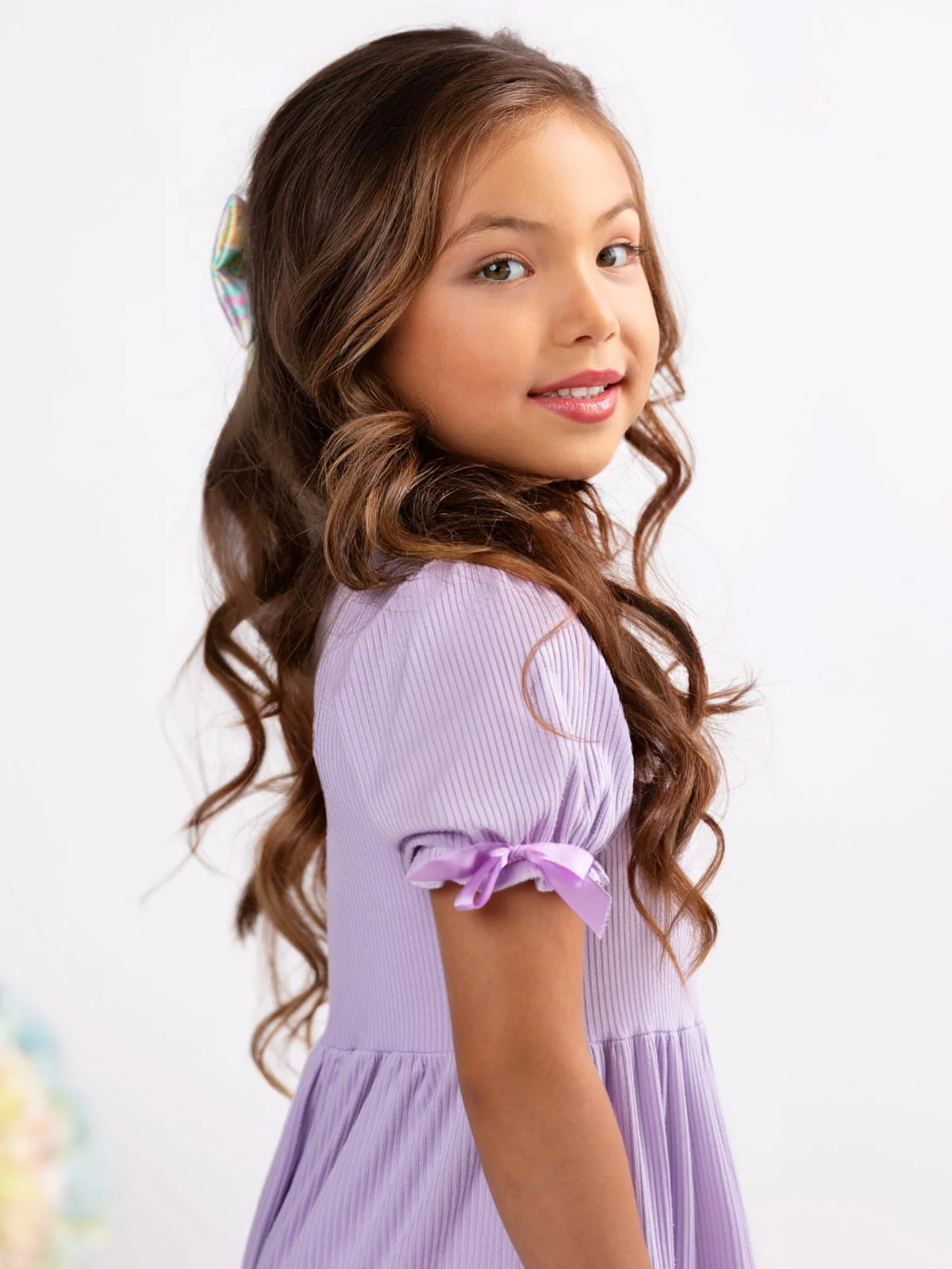 Lavender Charm Ribbed Bow Sleeve Dress - Image 3