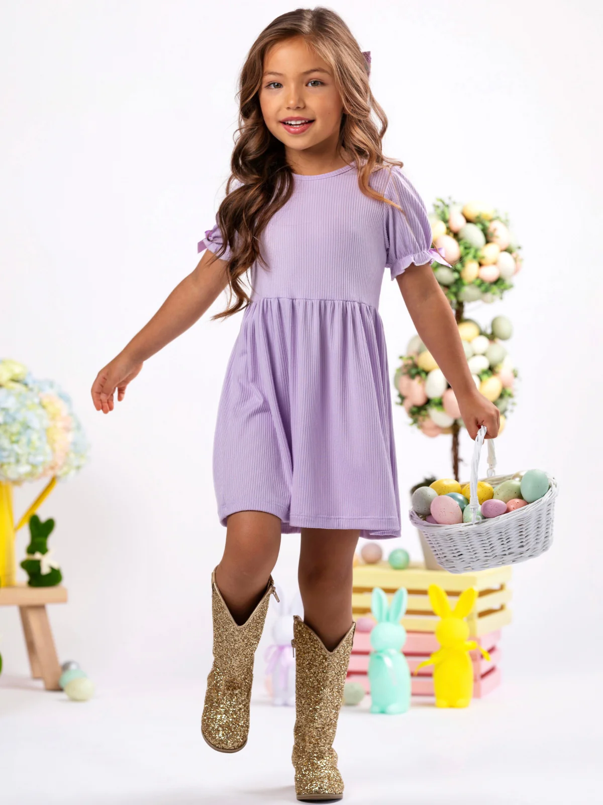 Lavender Charm Ribbed Bow Sleeve Dress - Image 4