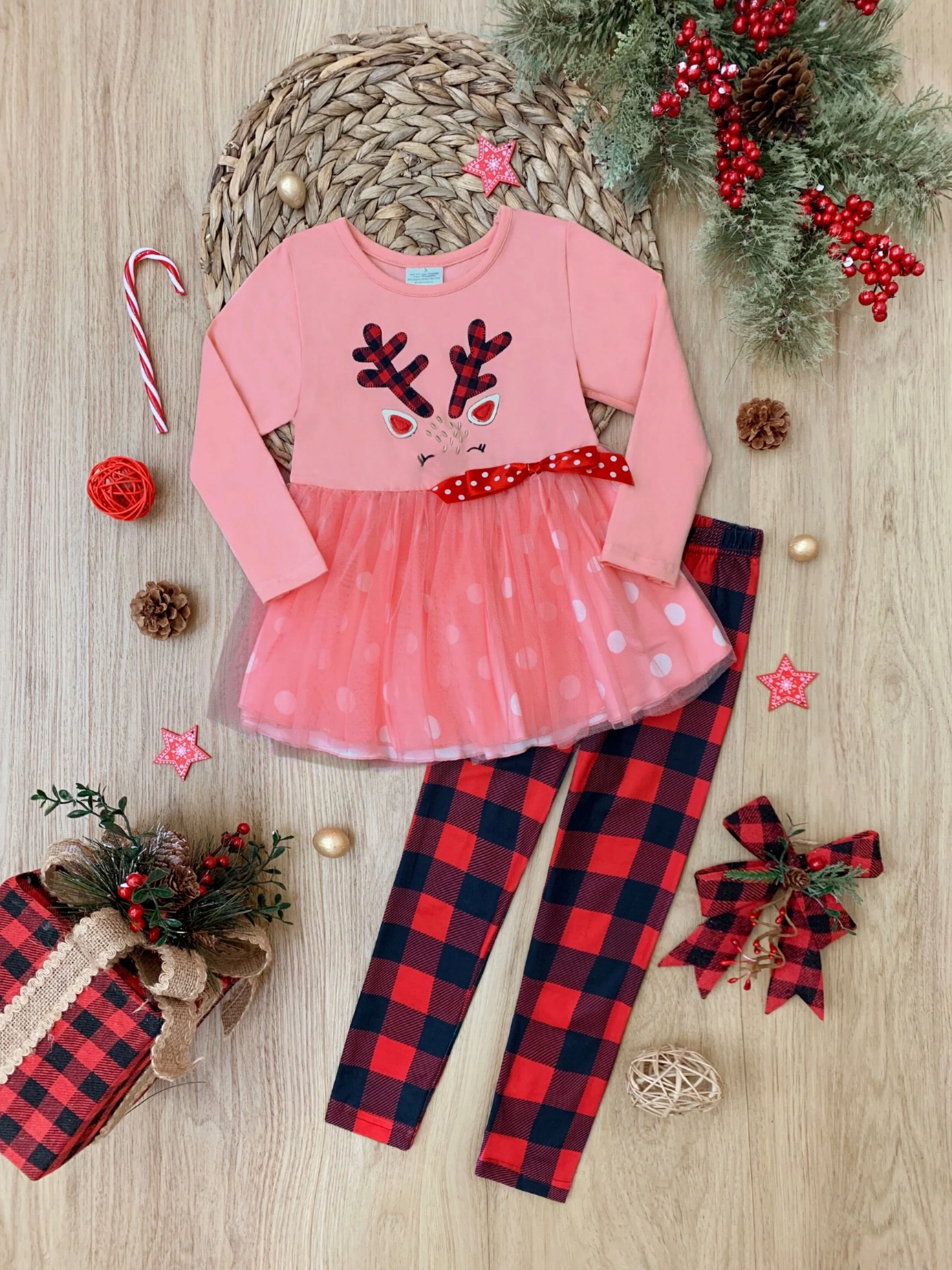 Prancing Reindeer Polka Dot Tutu Tunic and Legging Set - Image 2