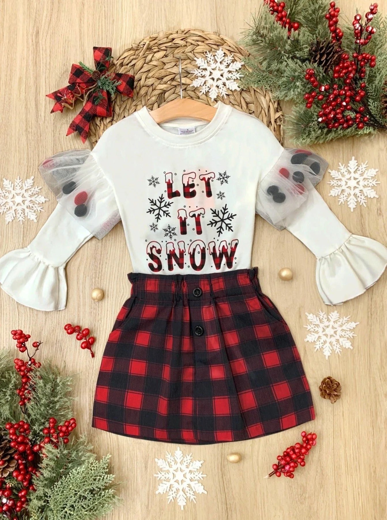 Let It Snow Pom Pom Plaid Skirt Set - Image 3