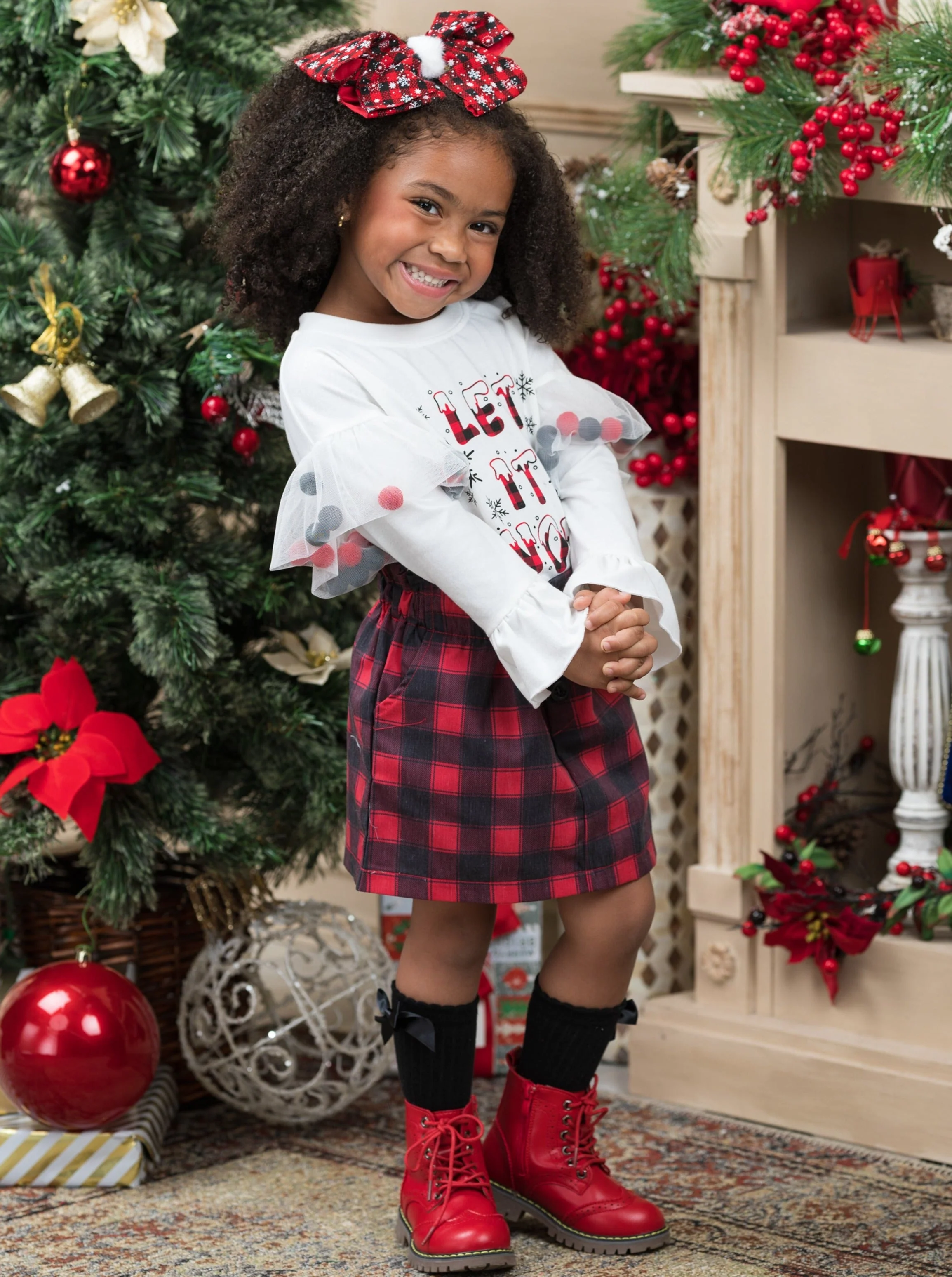 Let It Snow Pom Pom Plaid Skirt Set - Image 4