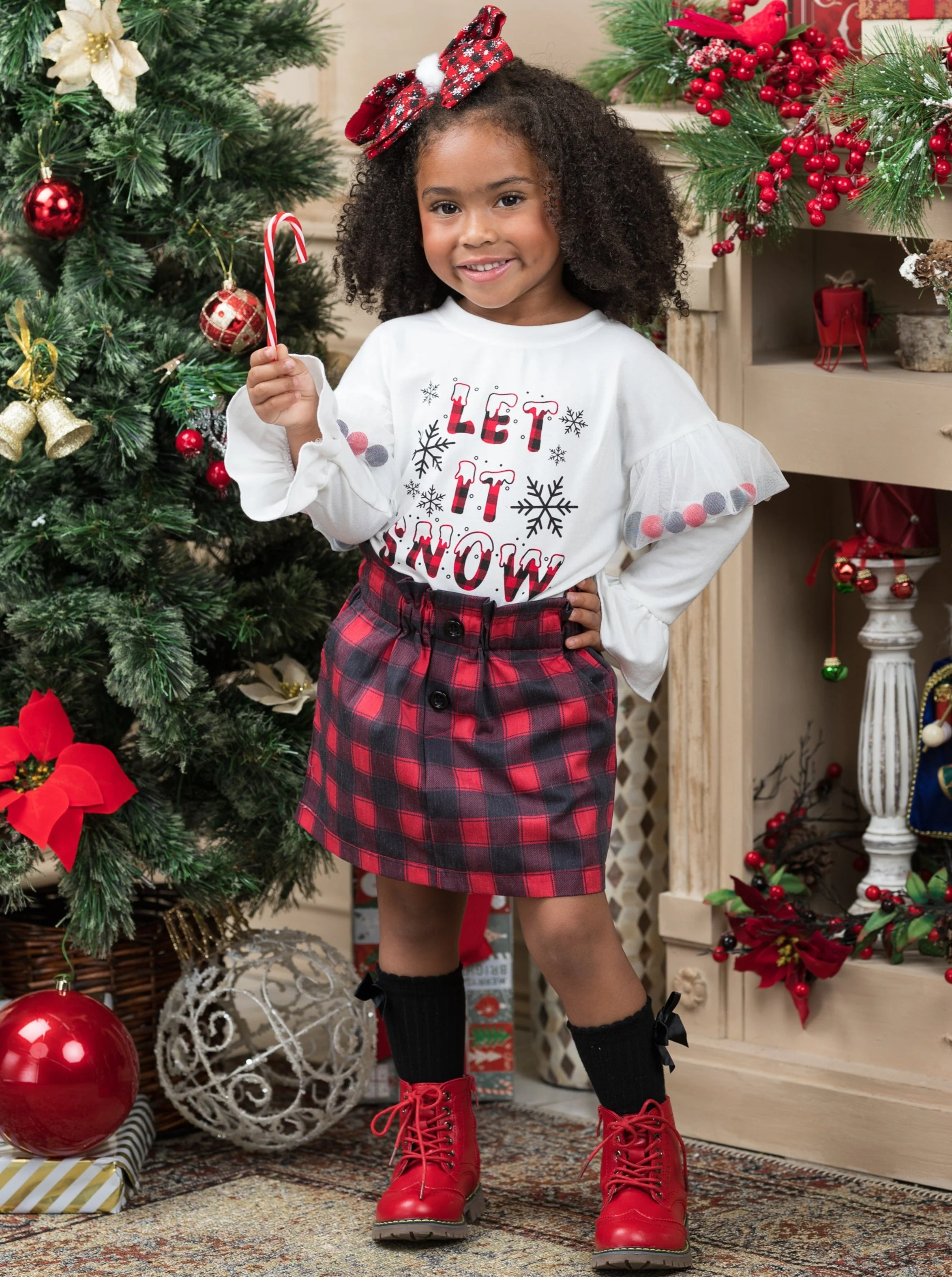Let It Snow Pom Pom Plaid Skirt Set - Image 5