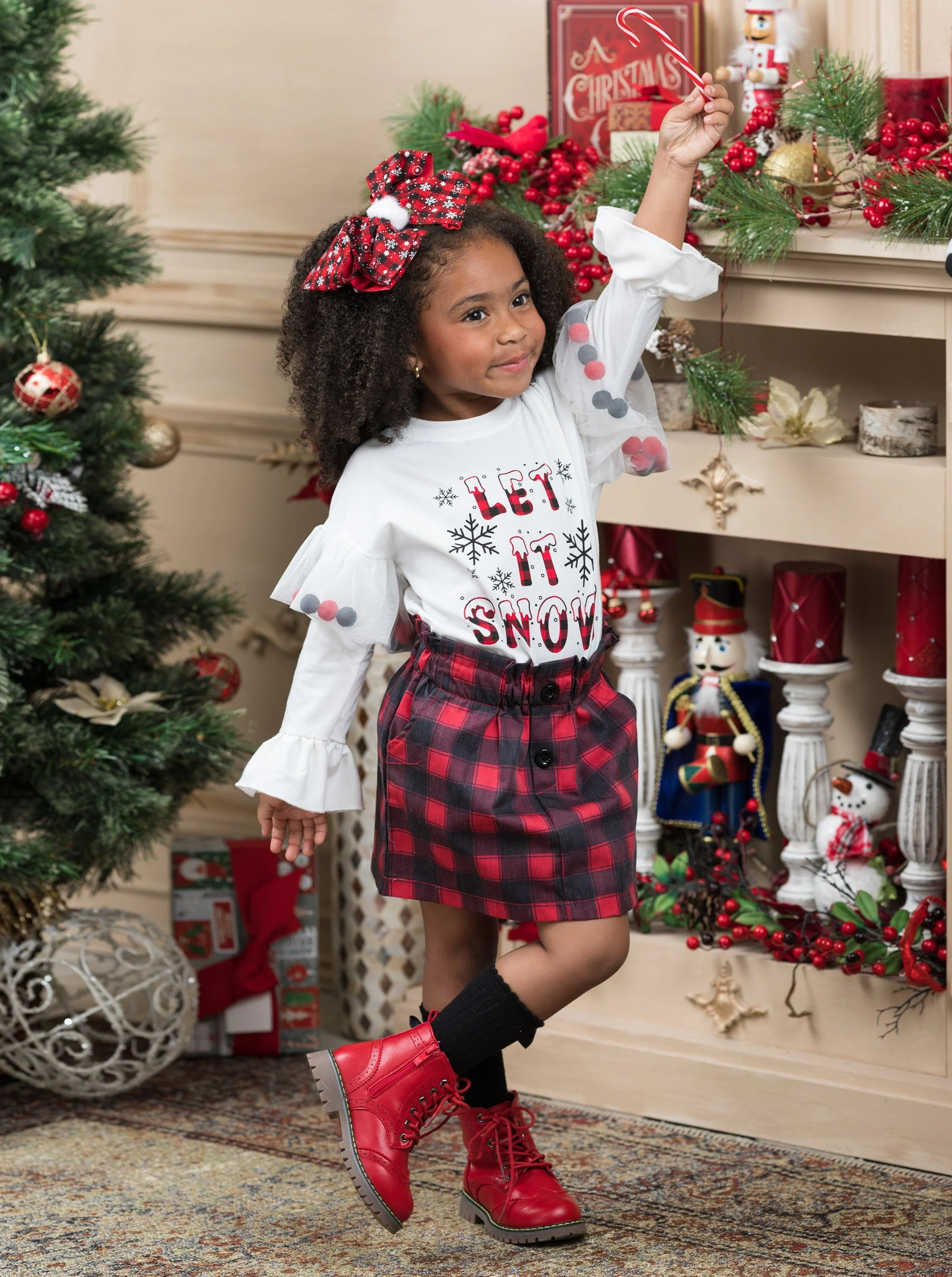 Let It Snow Pom Pom Plaid Skirt Set - Image 6