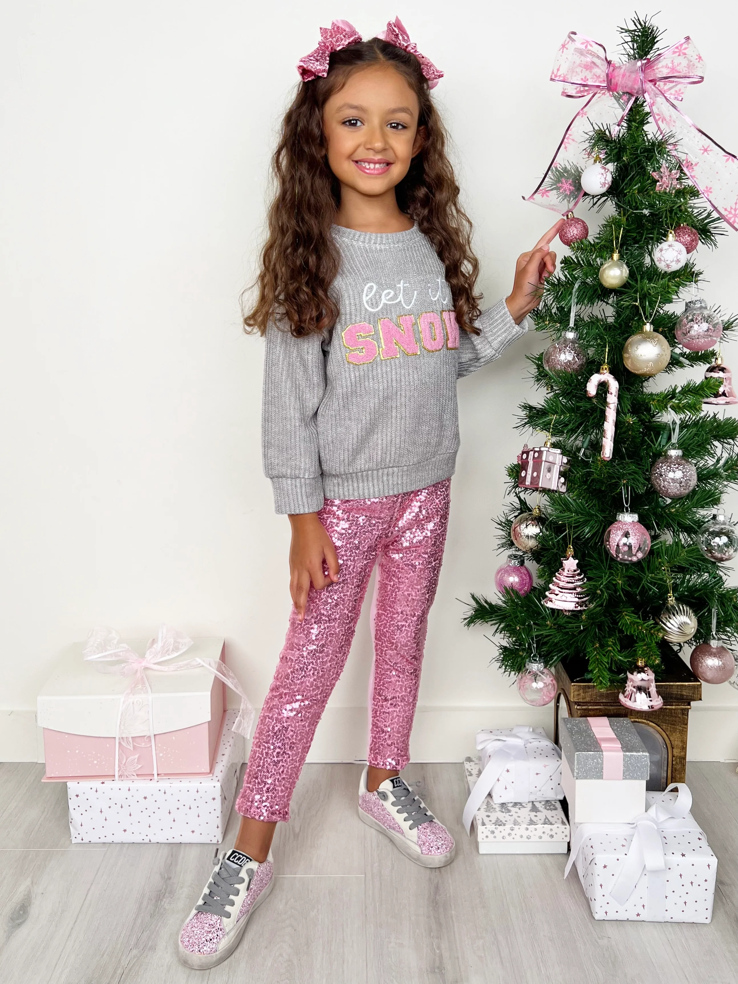 Let It Snow Sweater and Pink Dazzling Sequin Legging Set - Image 4