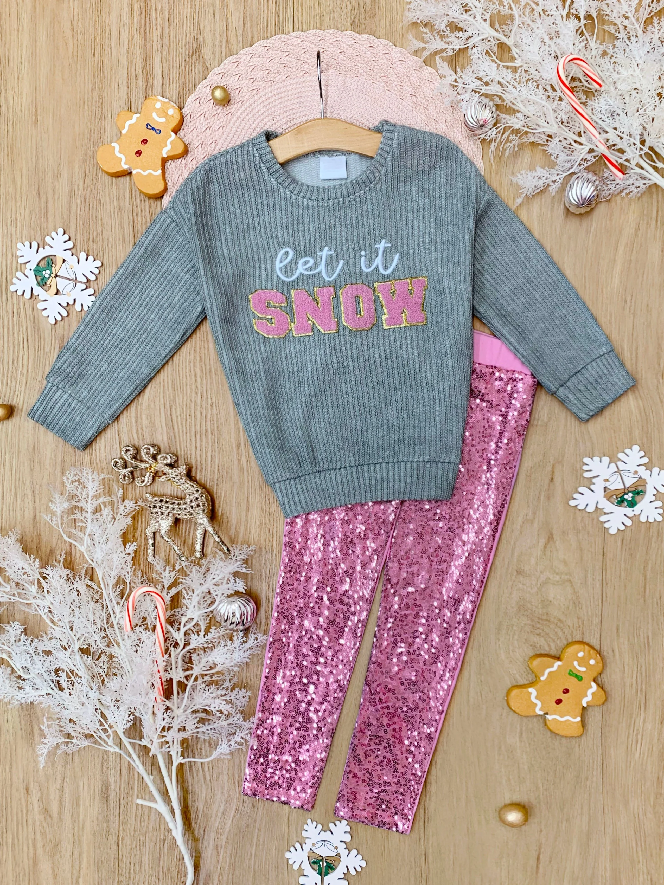 Let It Snow Sweater and Pink Dazzling Sequin Legging Set - Image 5