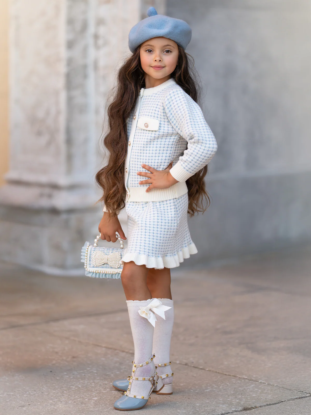 Light Blue Houndstooth Knit Cardigan and Ruffle Skirt Set - Image 2