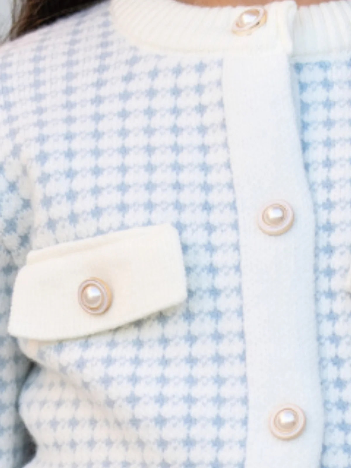 Light Blue Houndstooth Knit Cardigan and Ruffle Skirt Set - Image 3