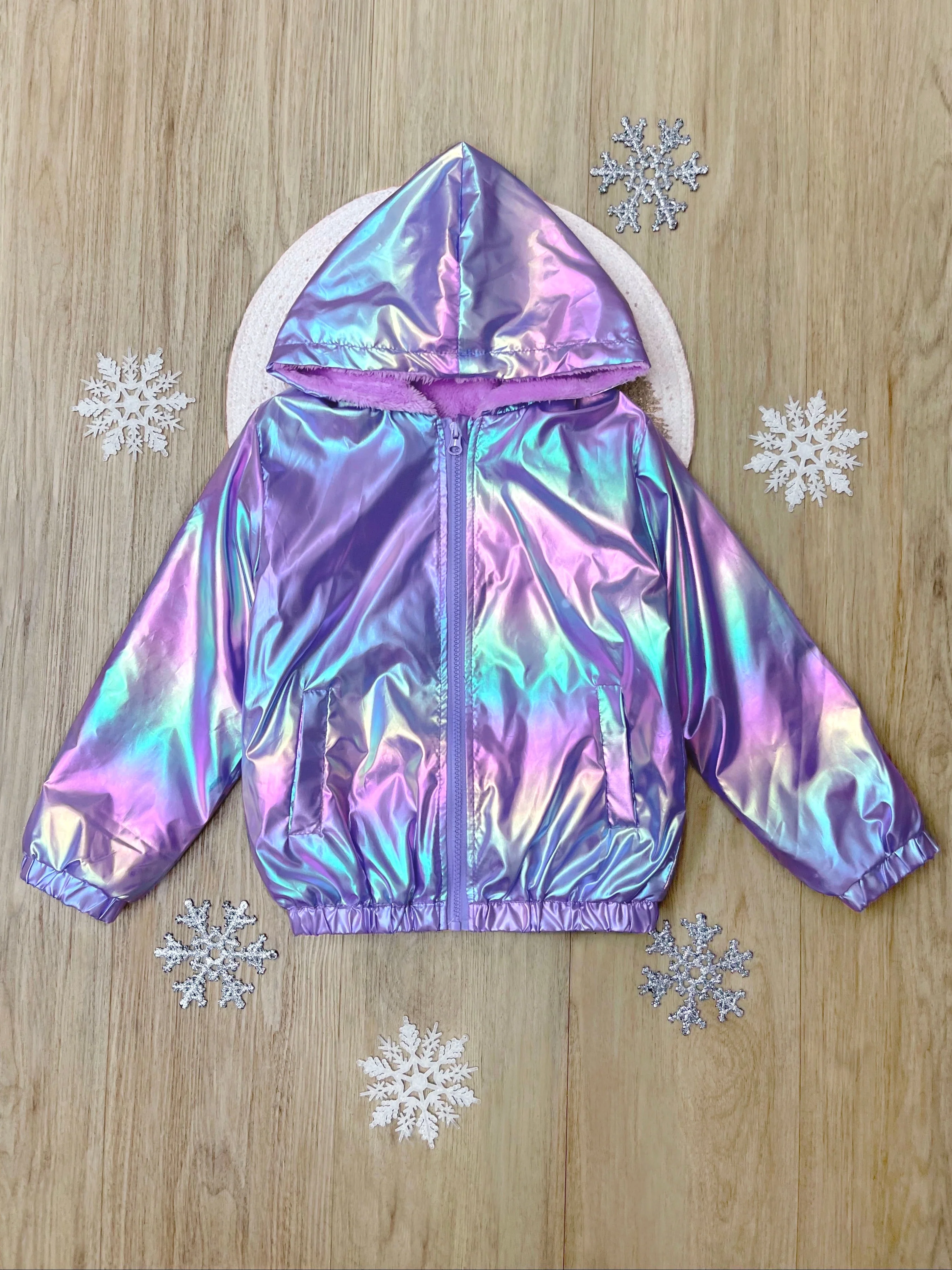 Lilac Glow Holographic Faux Fur Zip-Up Jacket - Image 5