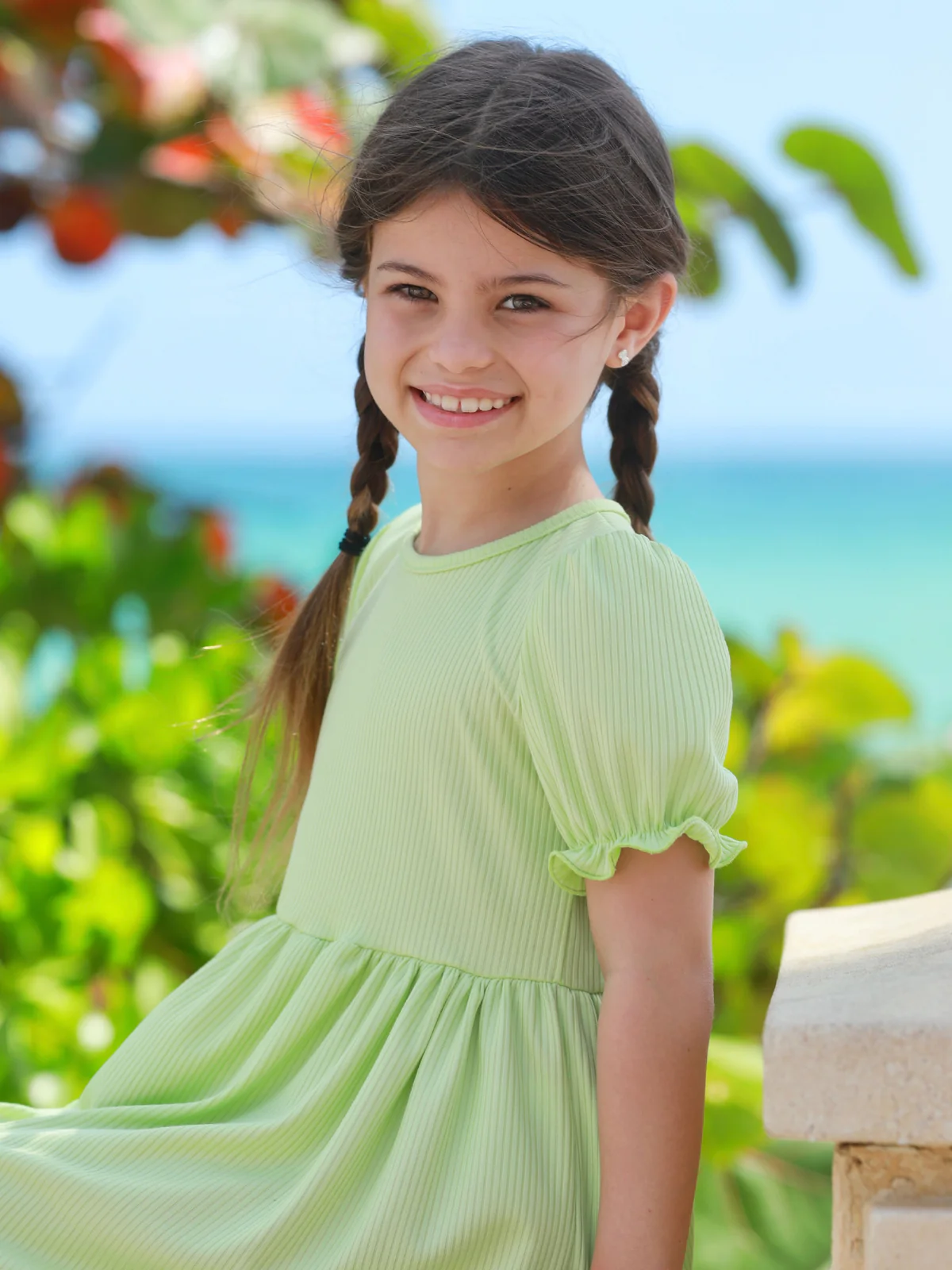 Lime Ribbed Puff Sleeve Everyday Dress - Image 2