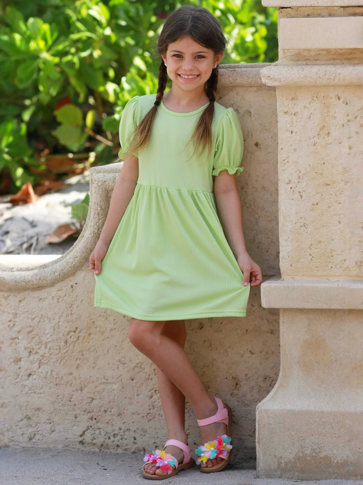 Lime Ribbed Puff Sleeve Everyday Dress - Image 3