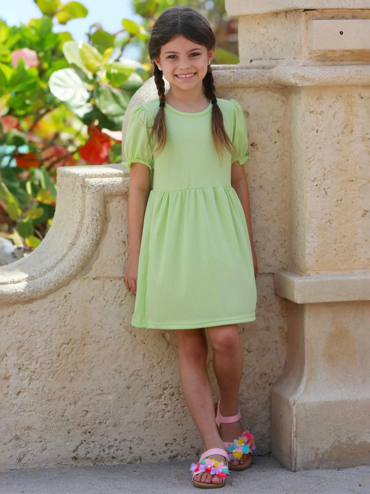 Lime Ribbed Puff Sleeve Everyday Dress - Image 4