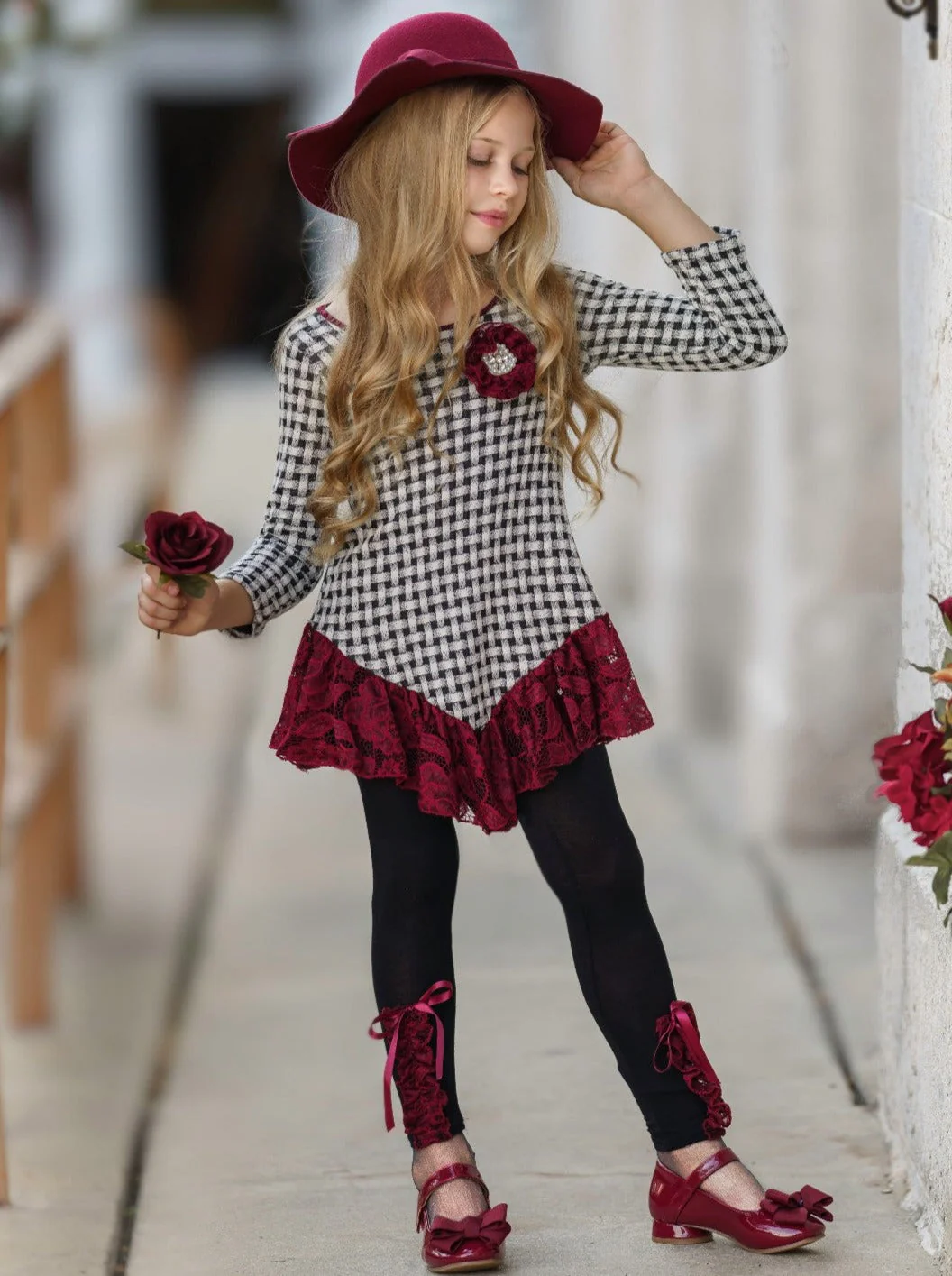 Braided Plaid Lace Trim Tunic and Legging Set - Image 2
