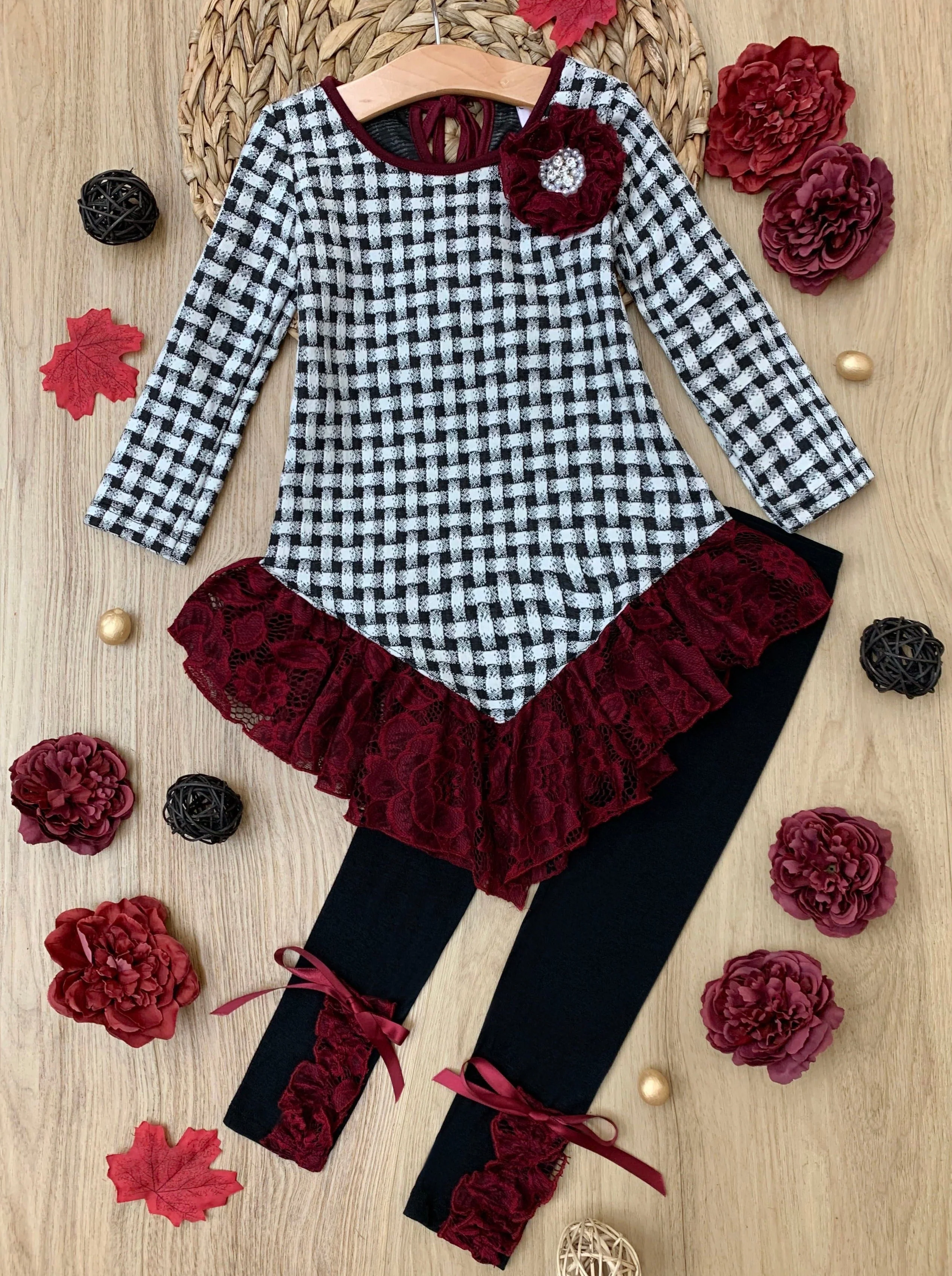 Braided Plaid Lace Trim Tunic and Legging Set - Image 3