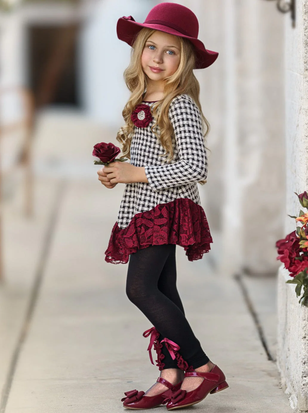 Braided Plaid Lace Trim Tunic and Legging Set - Image 4