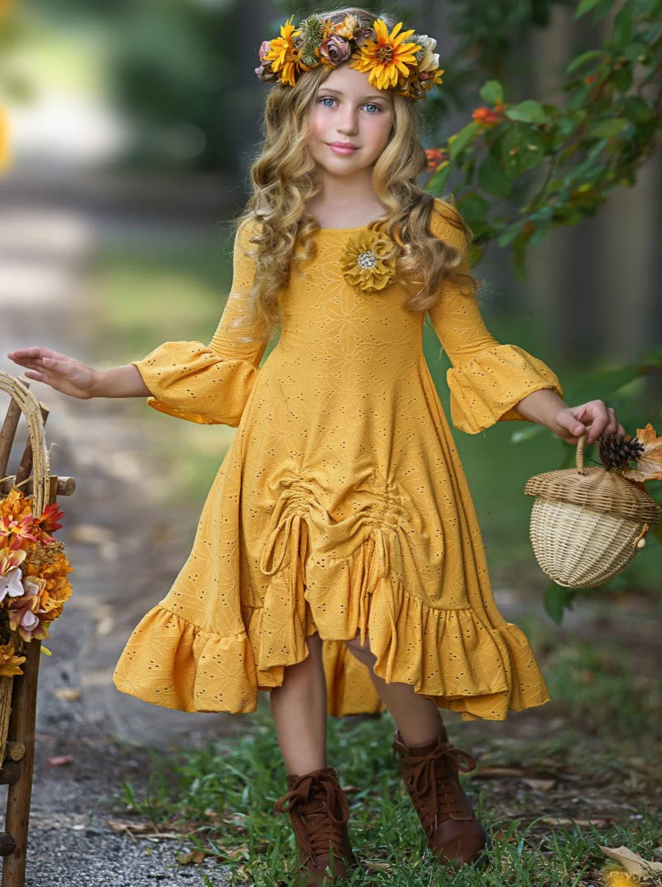 Autumntime Hi-Lo Drawstring Eyelet Ruffle Dress - Image 2