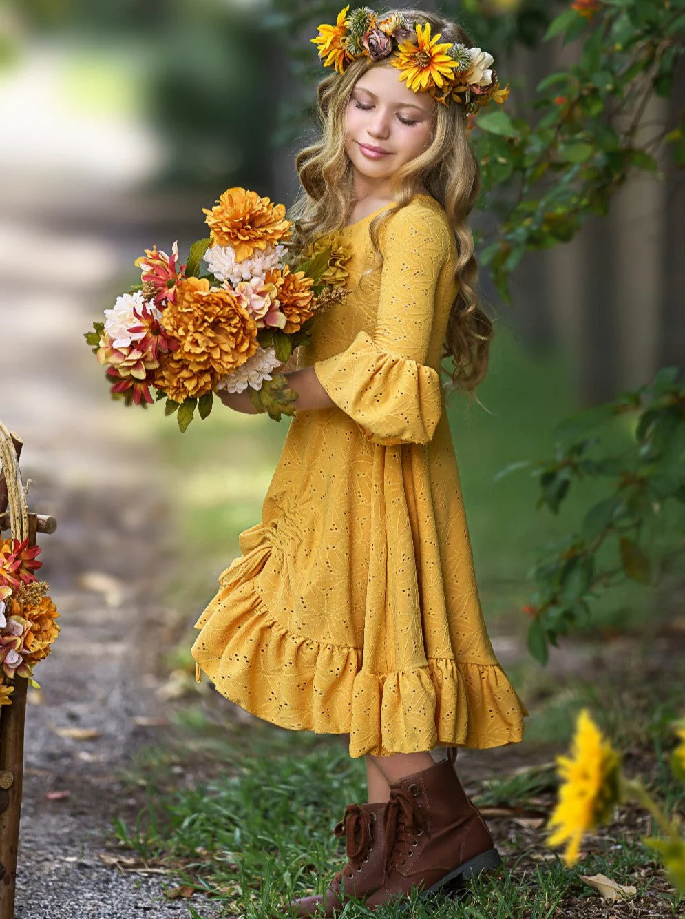 Autumntime Hi-Lo Drawstring Eyelet Ruffle Dress - Image 3