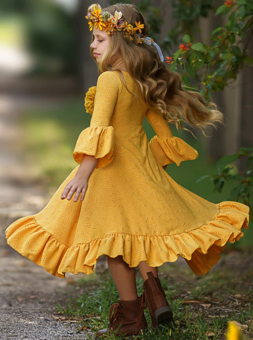 Autumntime Hi-Lo Drawstring Eyelet Ruffle Dress - Image 4