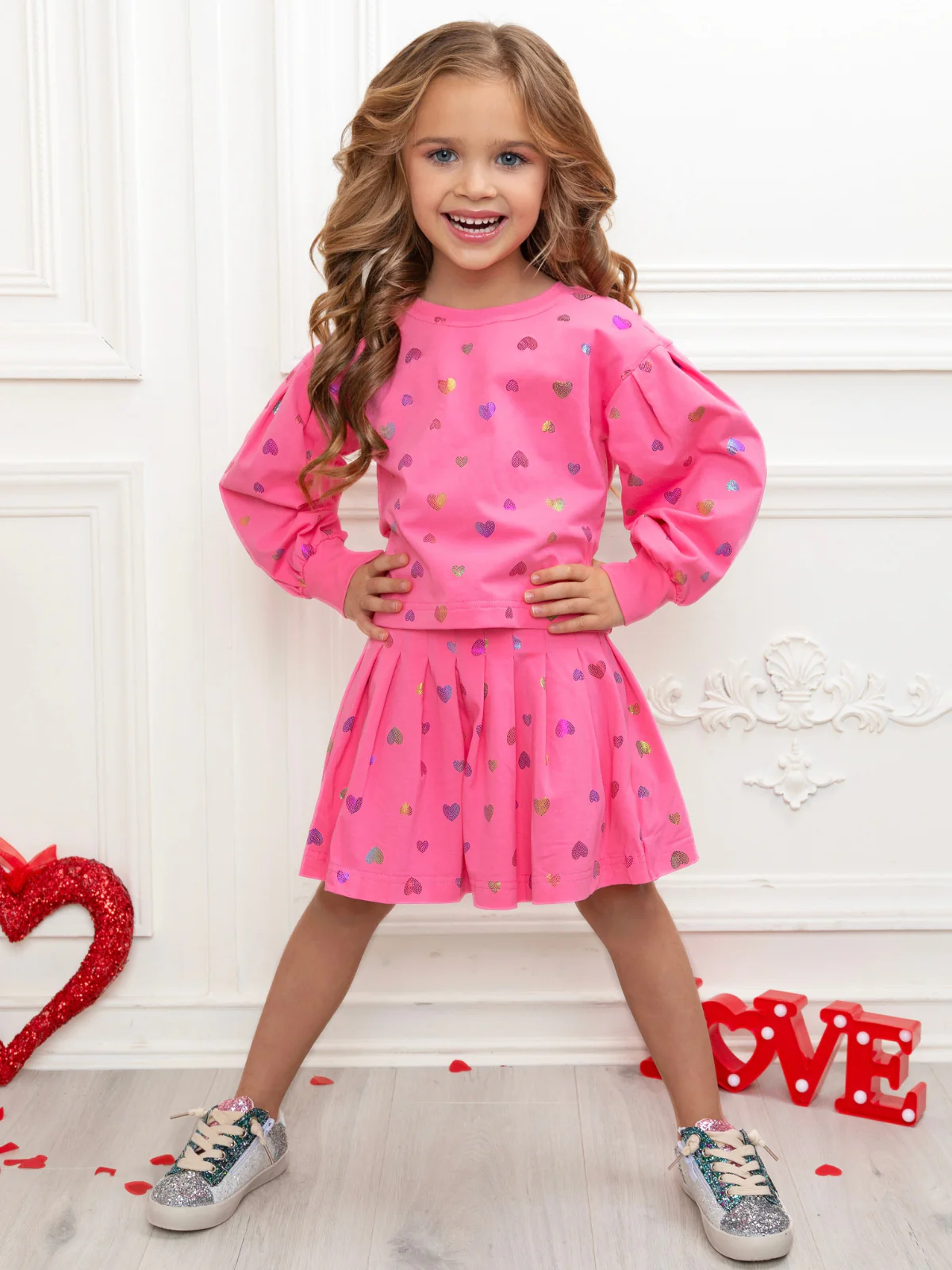 Love Struck Pink Foil Heart Sweater & Skirt Valentine’s Day Outfit - Image 4