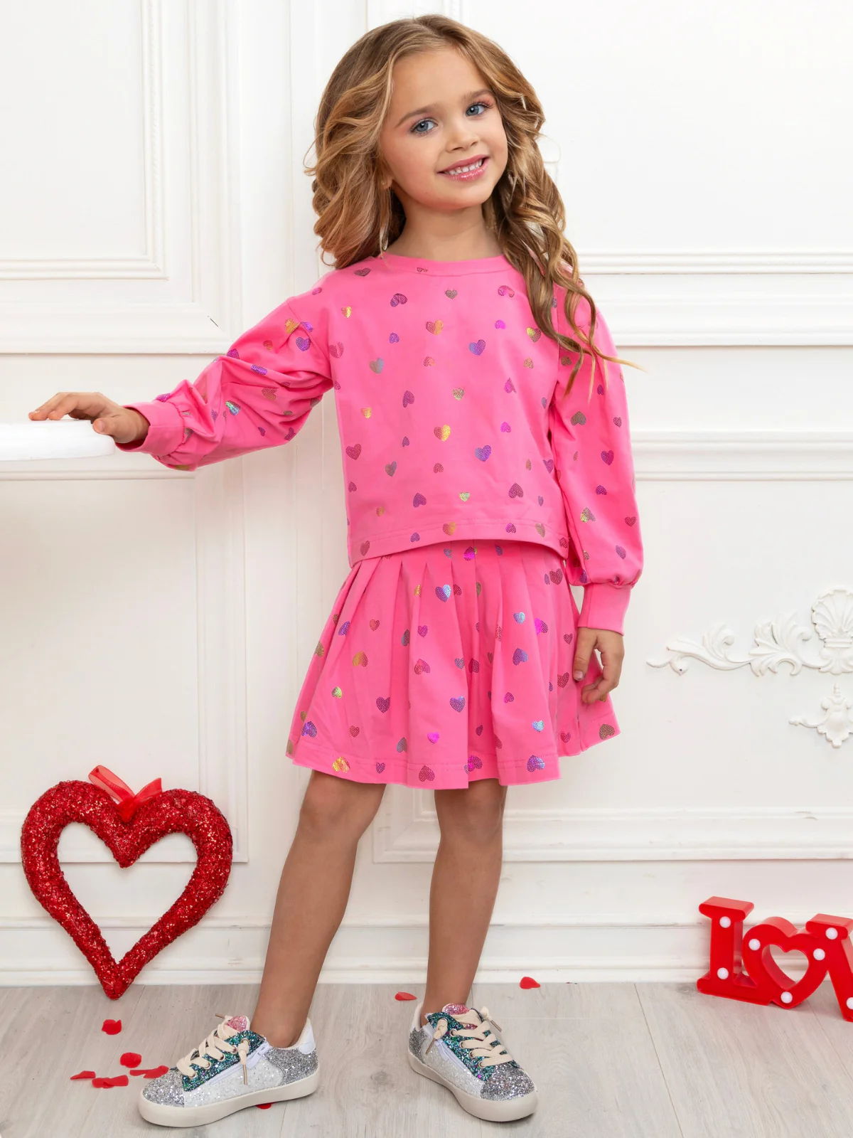 Love Struck Pink Foil Heart Sweater & Skirt Valentine’s Day Outfit - Image 5