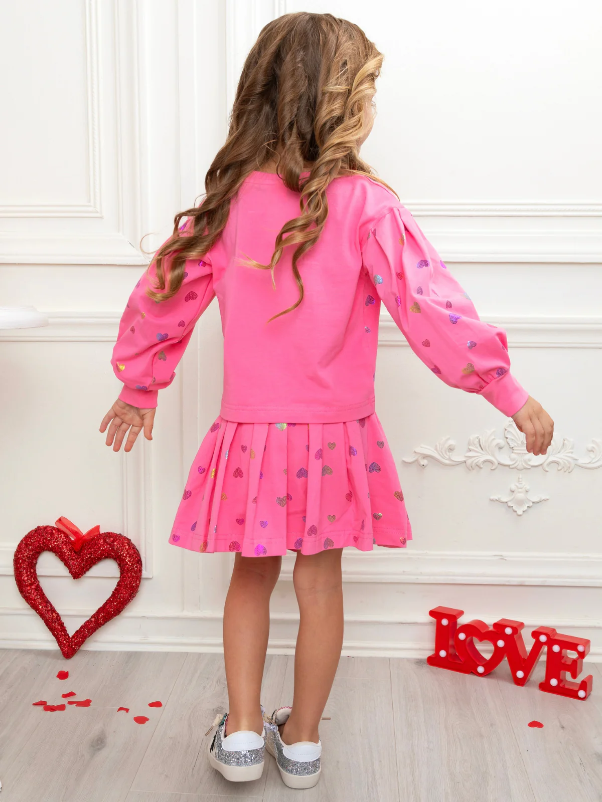 Love Struck Pink Foil Heart Sweater & Skirt Valentine’s Day Outfit - Image 6