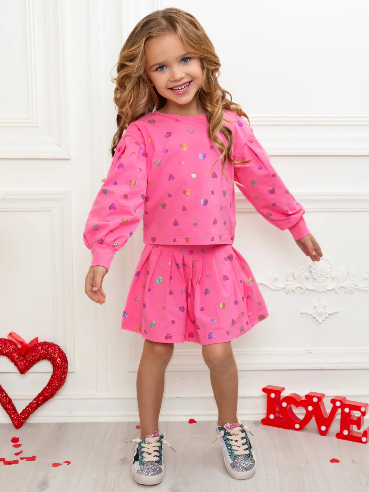 Love Struck Pink Foil Heart Sweater & Skirt Valentine’s Day Outfit - Image 7