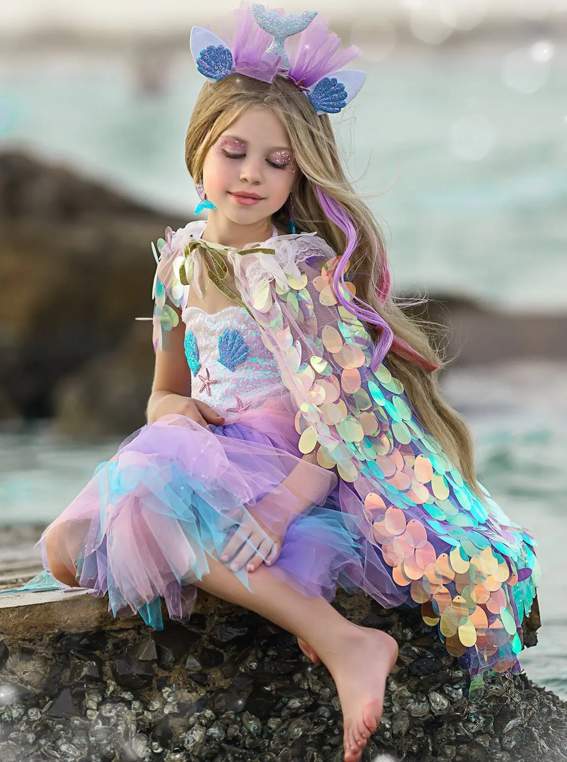 Girls Deluxe Mermaid Unicorn Costume Dress with Headband - Image 2
