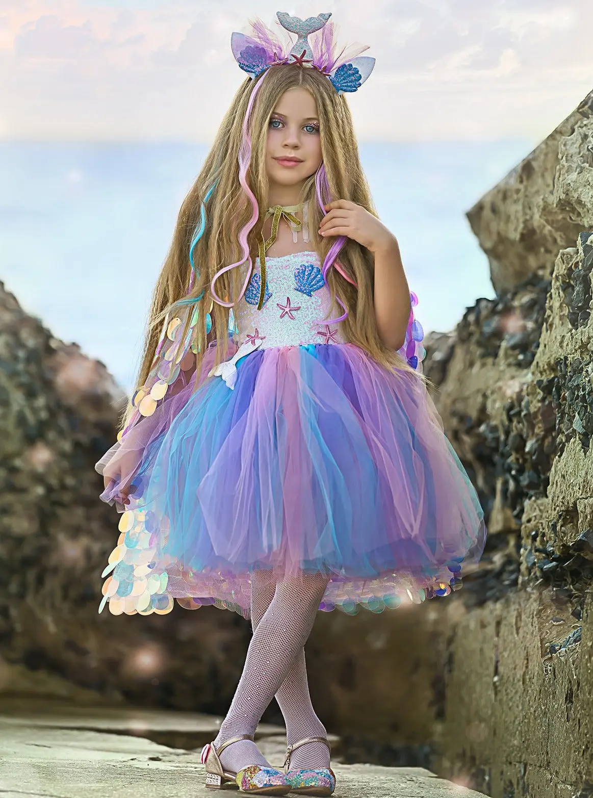 Girls Deluxe Mermaid Unicorn Costume Dress with Headband - Image 3