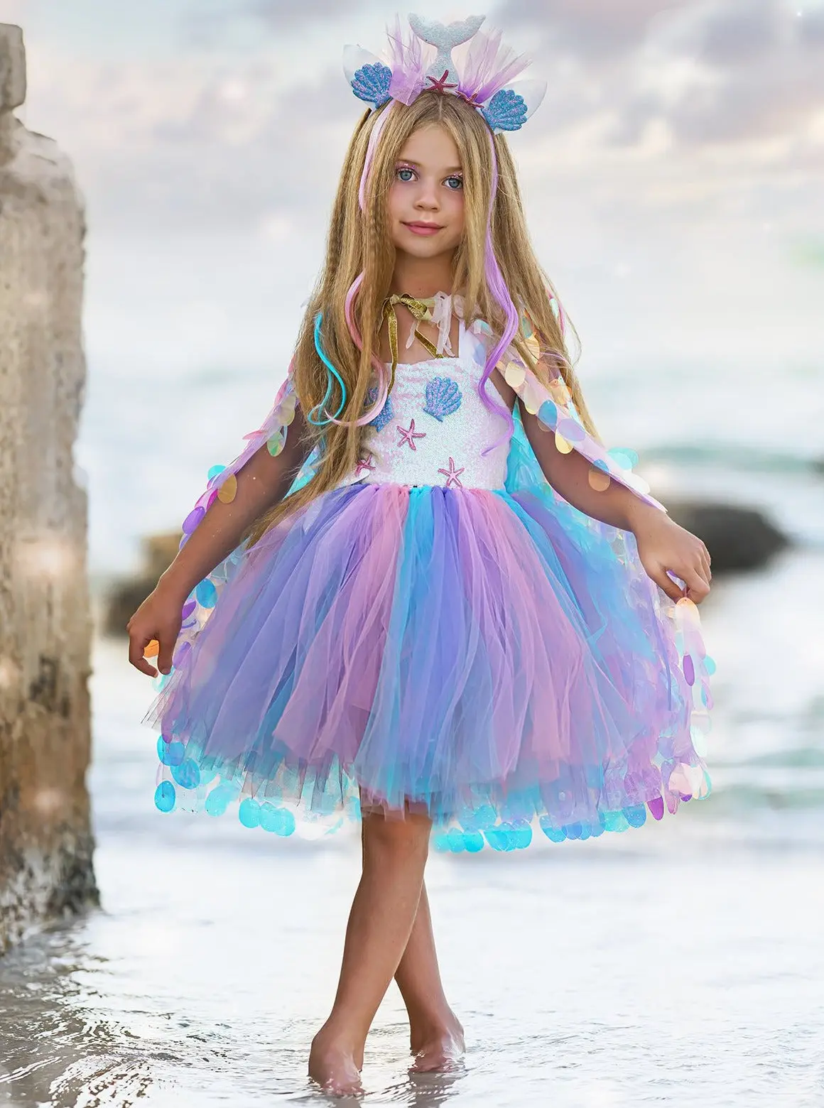 Girls Deluxe Mermaid Unicorn Costume Dress with Headband - Image 4