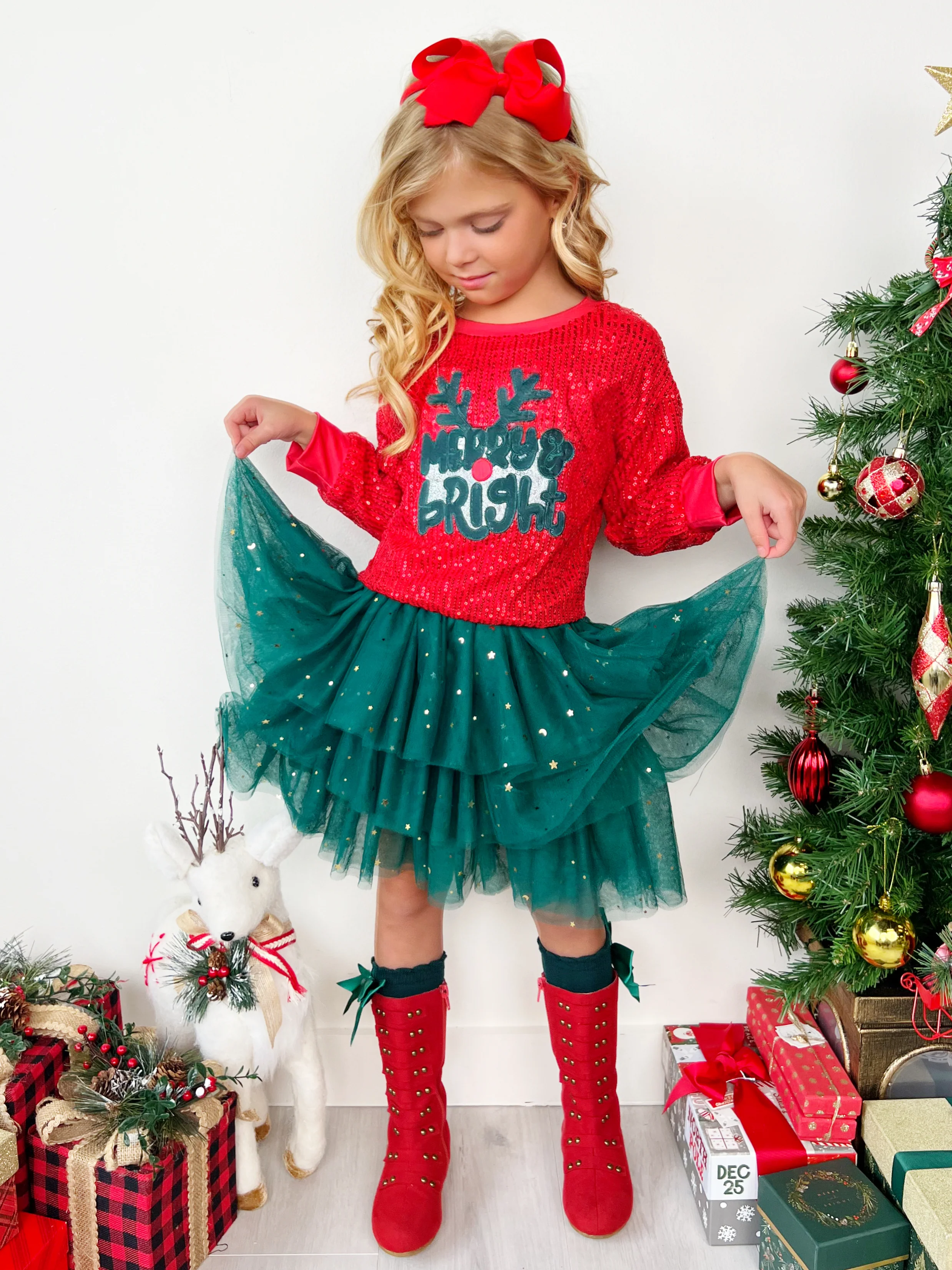Merry & Bright Reindeer Top and Sequin Skirt Set - Image 2