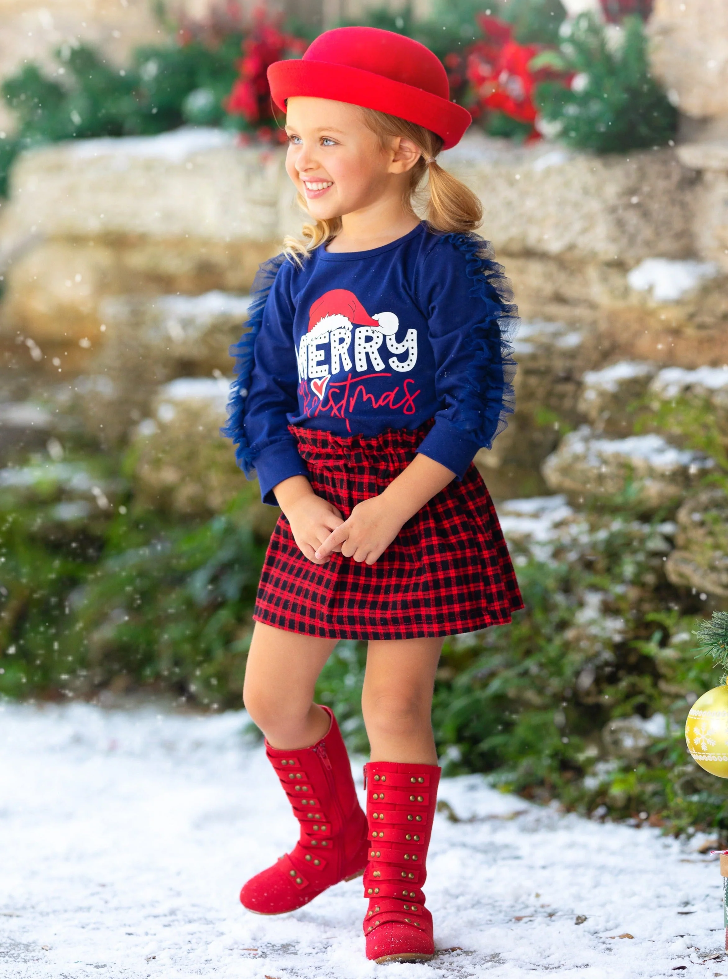 Magical Time Merry Christmas Top and Checkered Skirt Set - Image 3