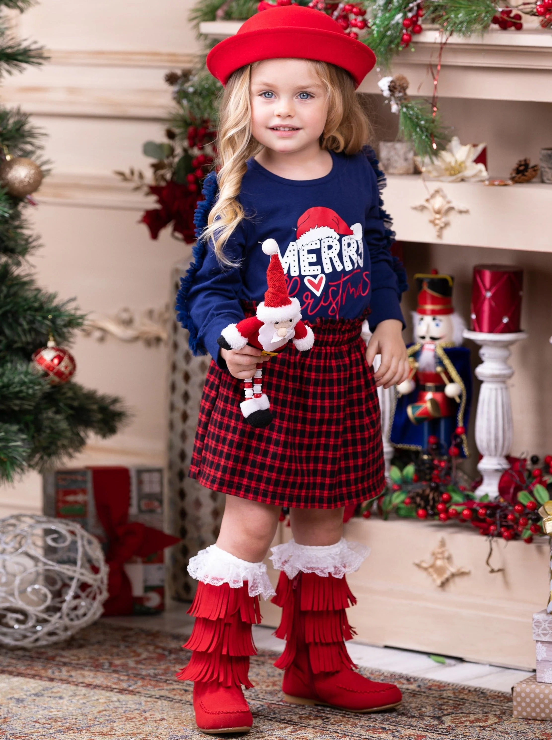 Magical Time Merry Christmas Top and Checkered Skirt Set - Image 4