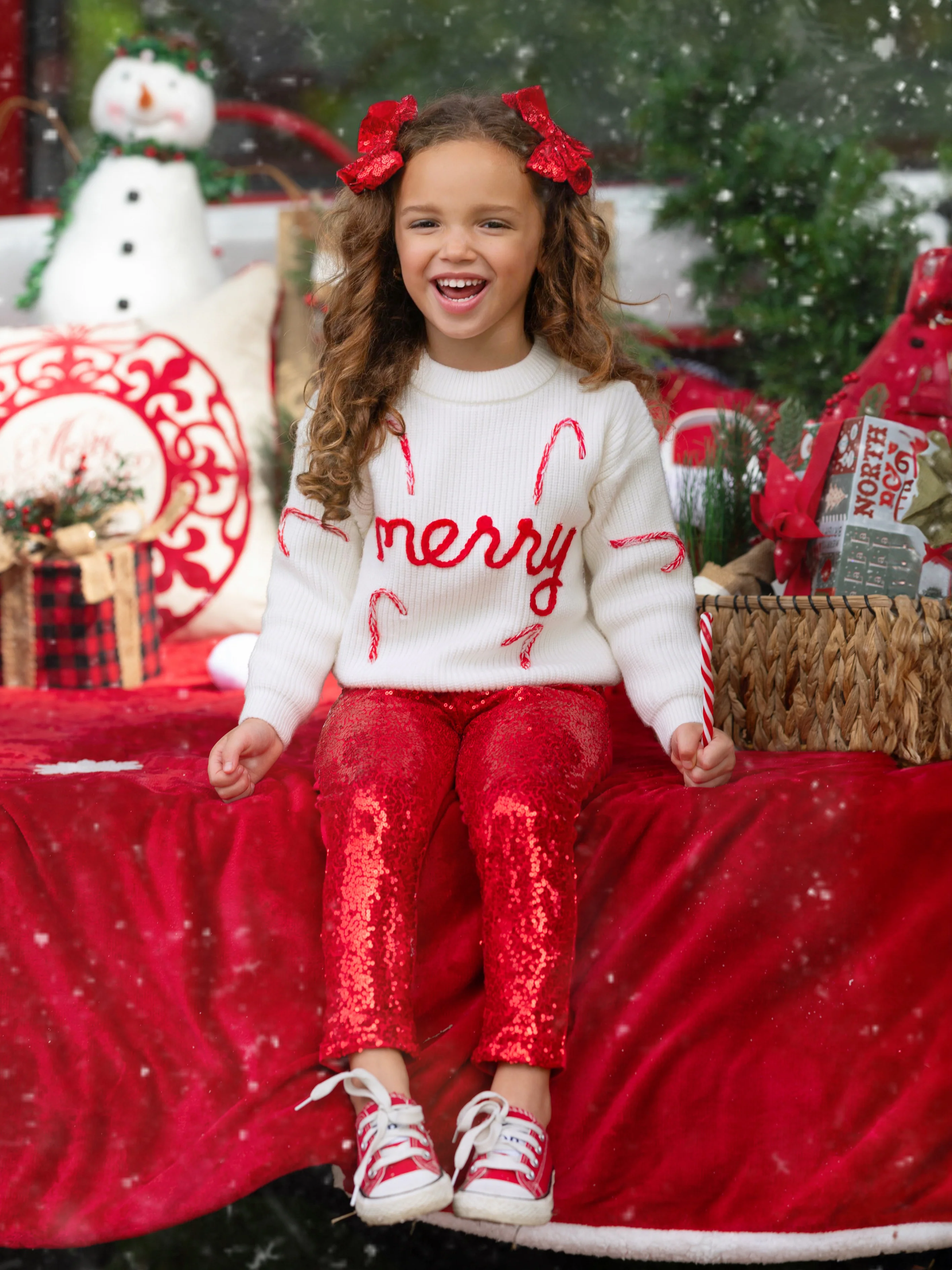 Merry Knit Sweater and Red Dazzling Sequin Pant Set - Image 3