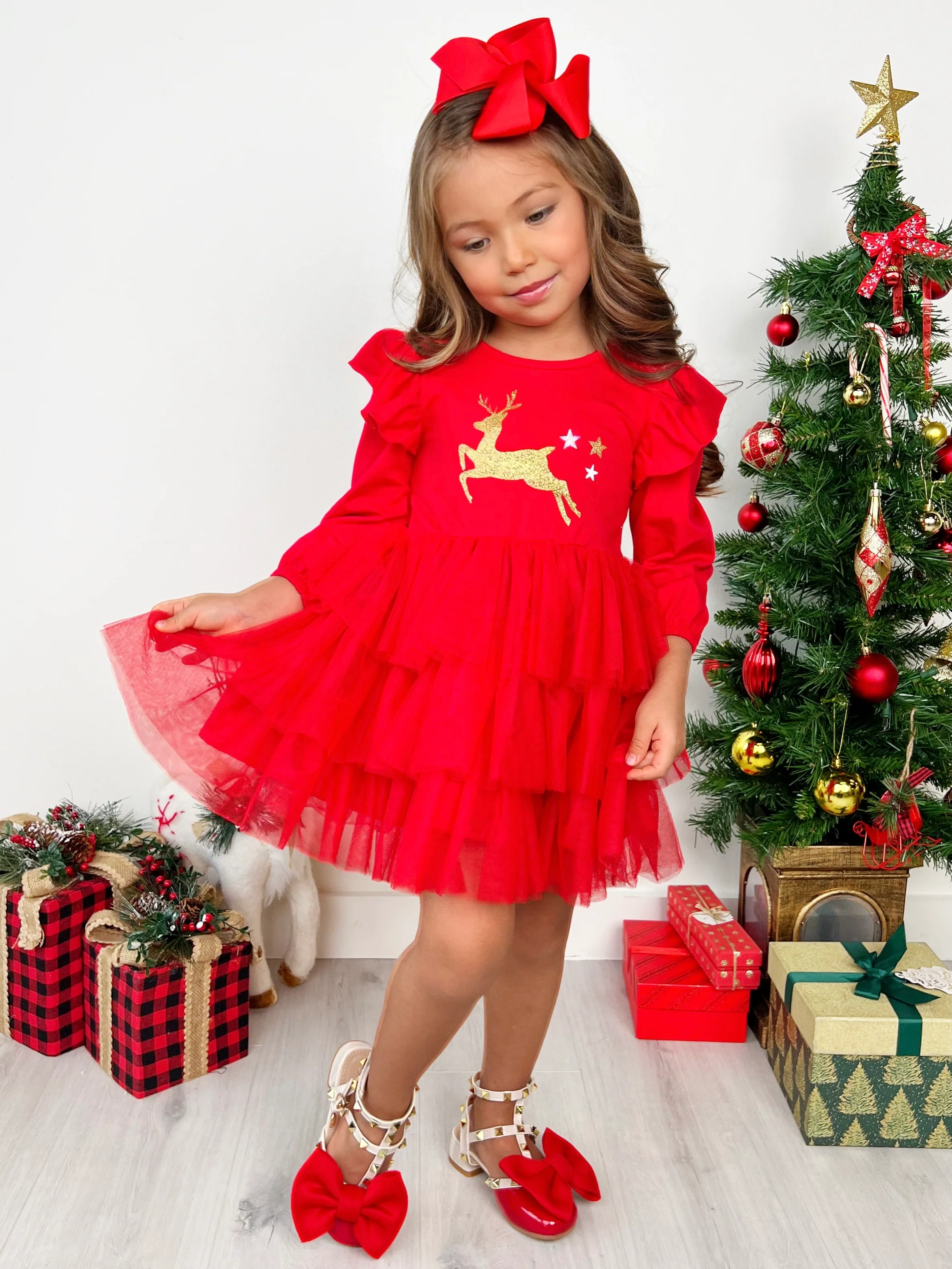Golden Reindeer Ruffled Tutu Dress - Image 2