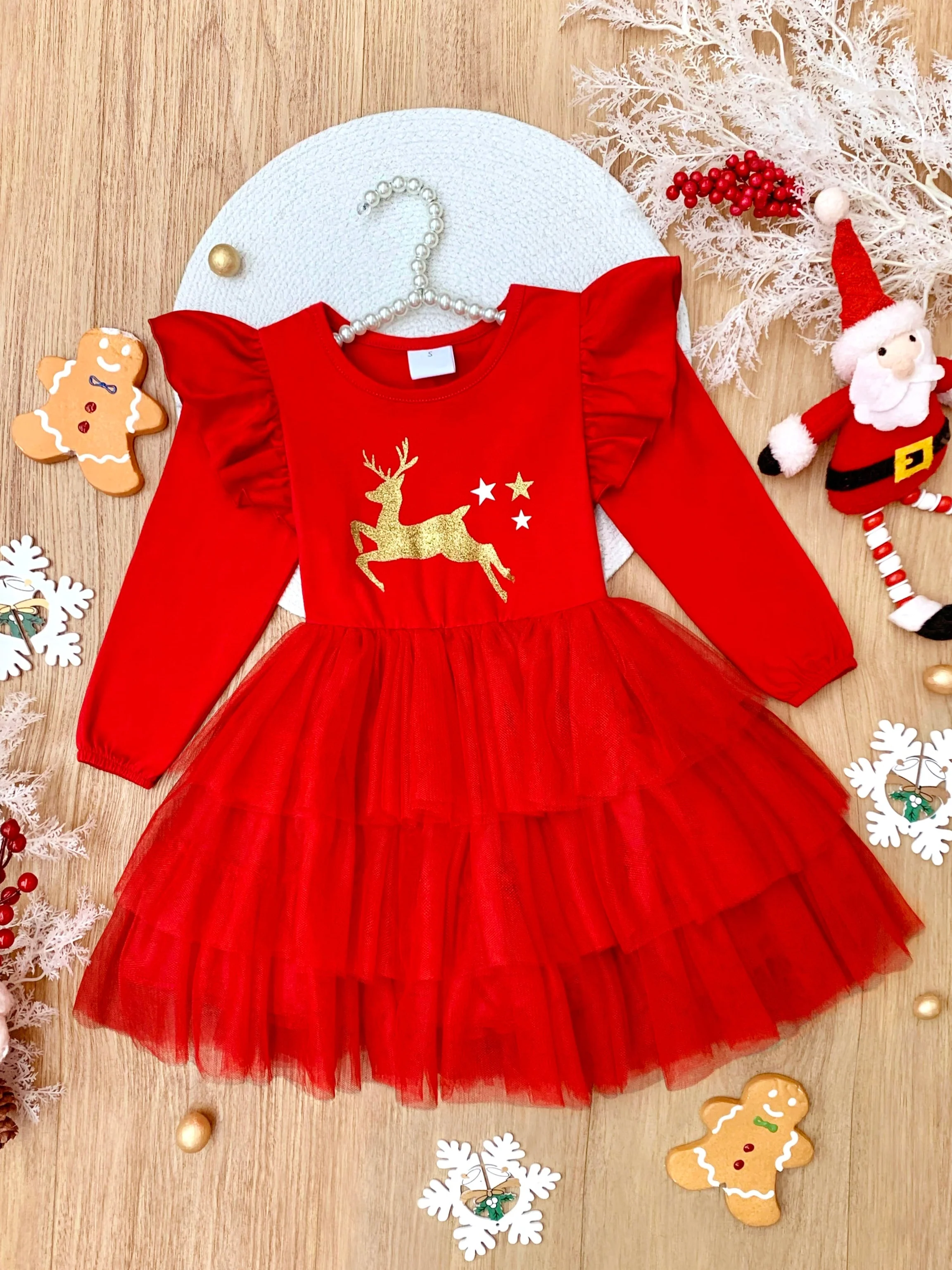 Golden Reindeer Ruffled Tutu Dress - Image 3