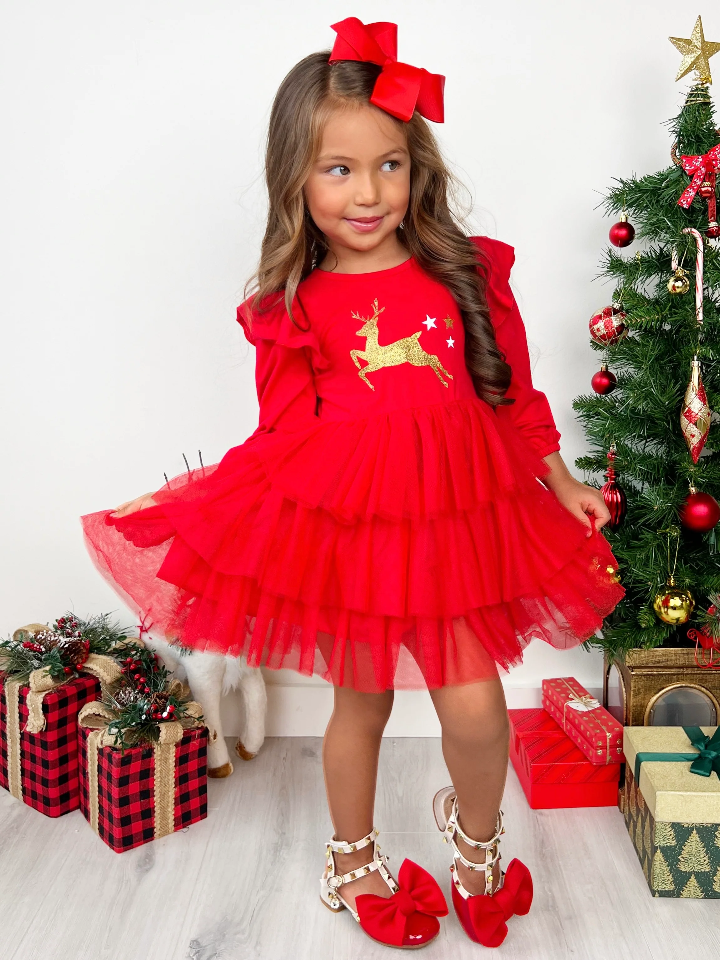 Golden Reindeer Ruffled Tutu Dress - Image 4