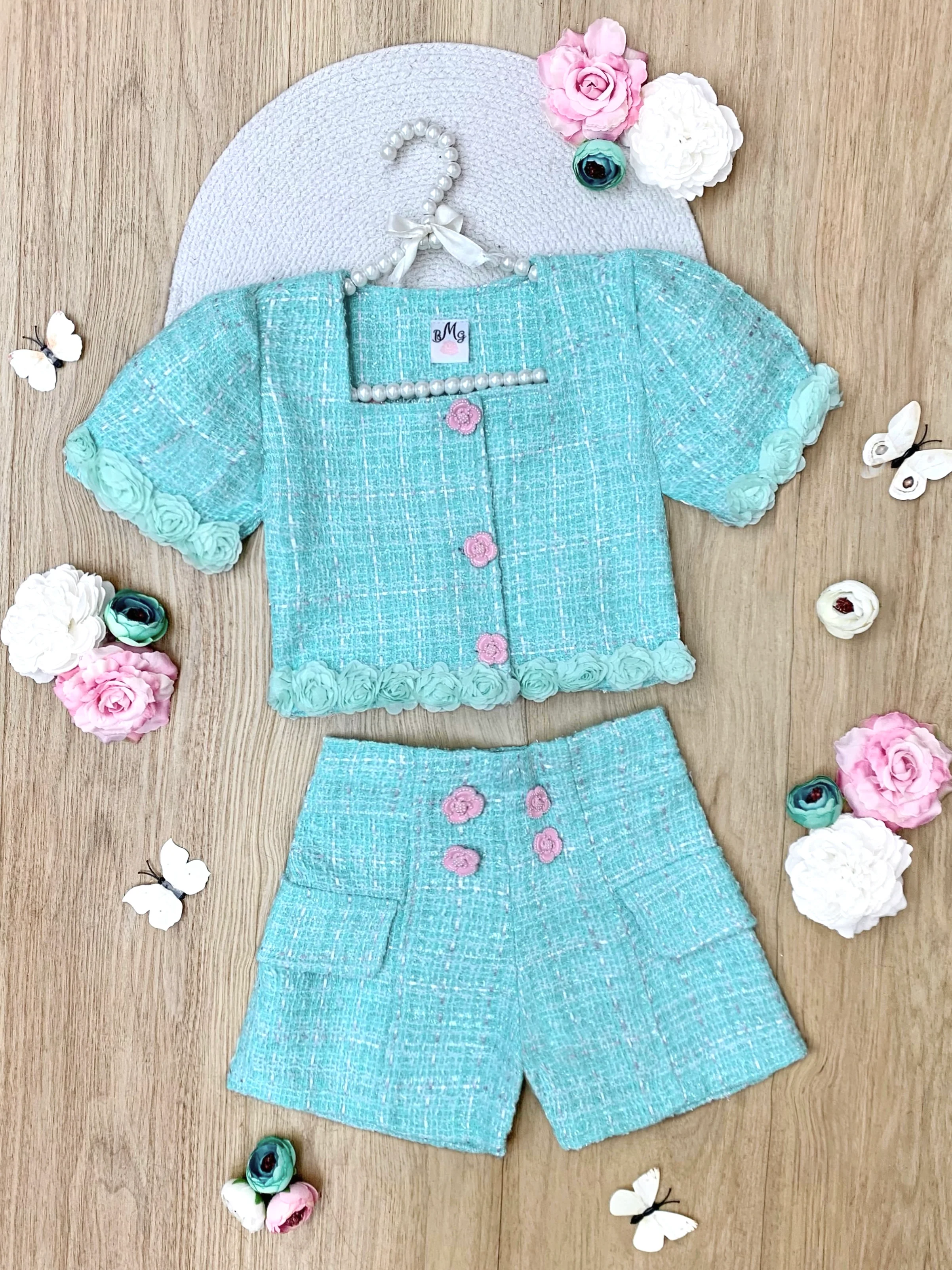 Mint Rosette Puff Sleeve Tweed Top and Short Set - Image 2