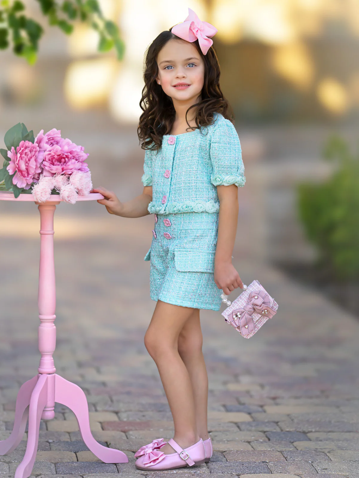 Mint Rosette Puff Sleeve Tweed Top and Short Set - Image 3