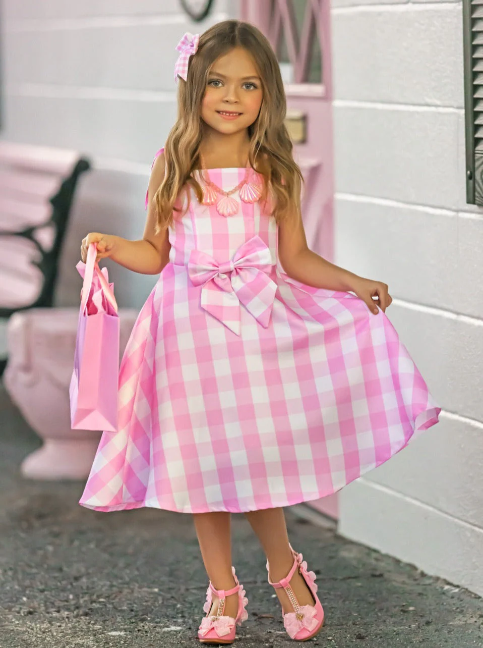 Mommy and Me Barbiecore Gingham Costume Dress with Necklace - Image 11
