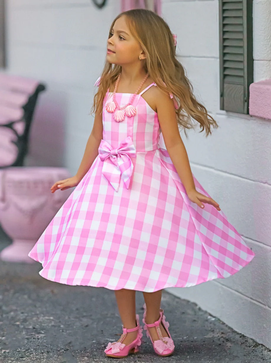 Mommy and Me Barbiecore Gingham Costume Dress with Necklace - Image 8