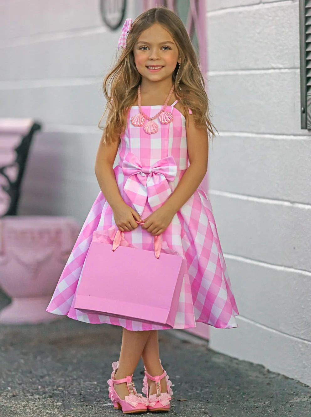 Mommy and Me Barbiecore Gingham Costume Dress with Necklace - Image 9